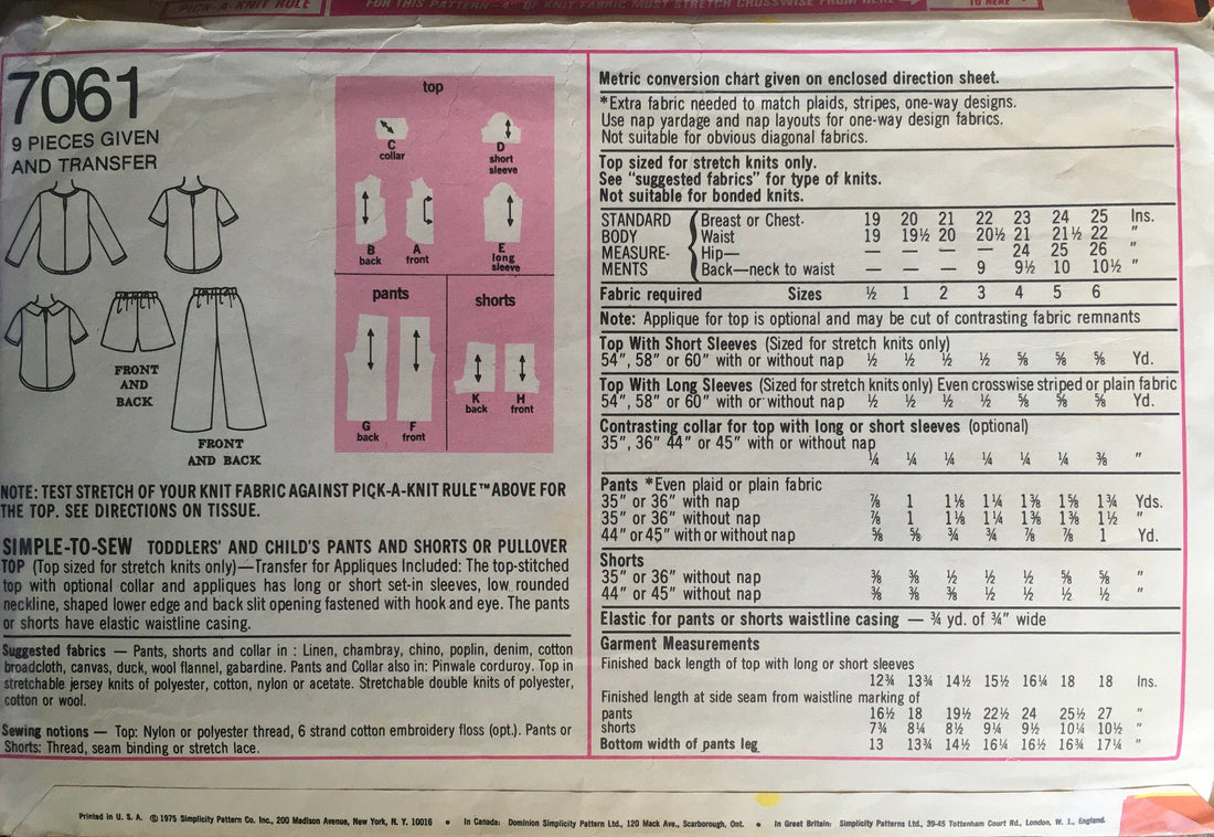 Simplicity 7061 Sewing Pattern (Vintage) CUT