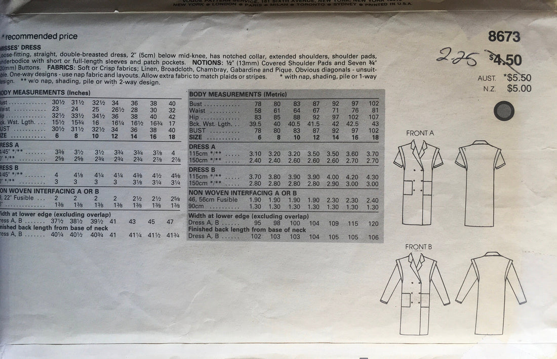 Vogue 8673 Sewing Pattern (Vintage) CUT