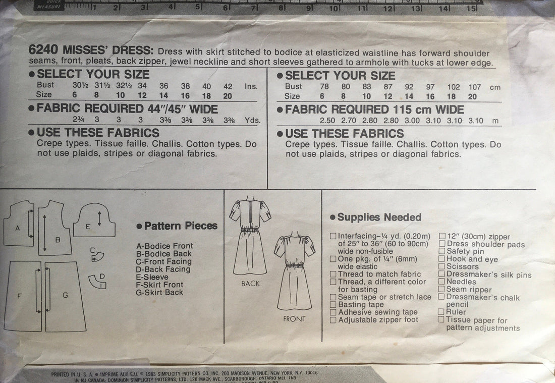 Simplicity 6240 Sewing Pattern (Vintage) UNCUT
