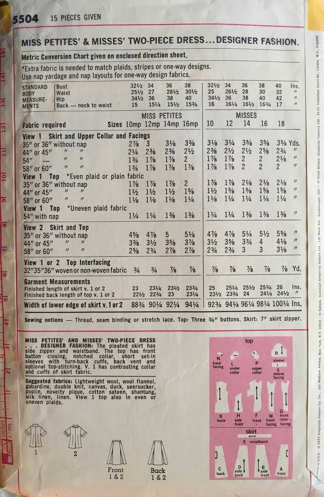Simplicity 5504 Sewing Pattern (Vintage) CUT