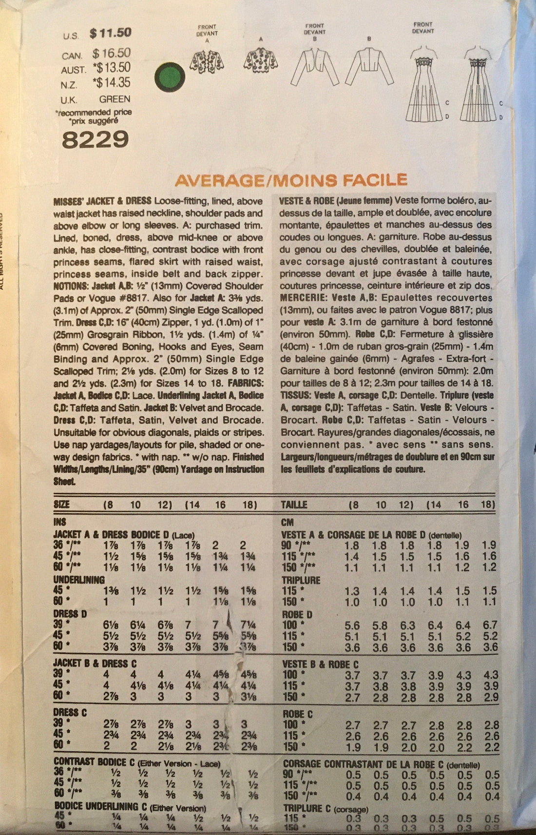 Vogue 8229 Sewing Pattern (Vintage) CUT
