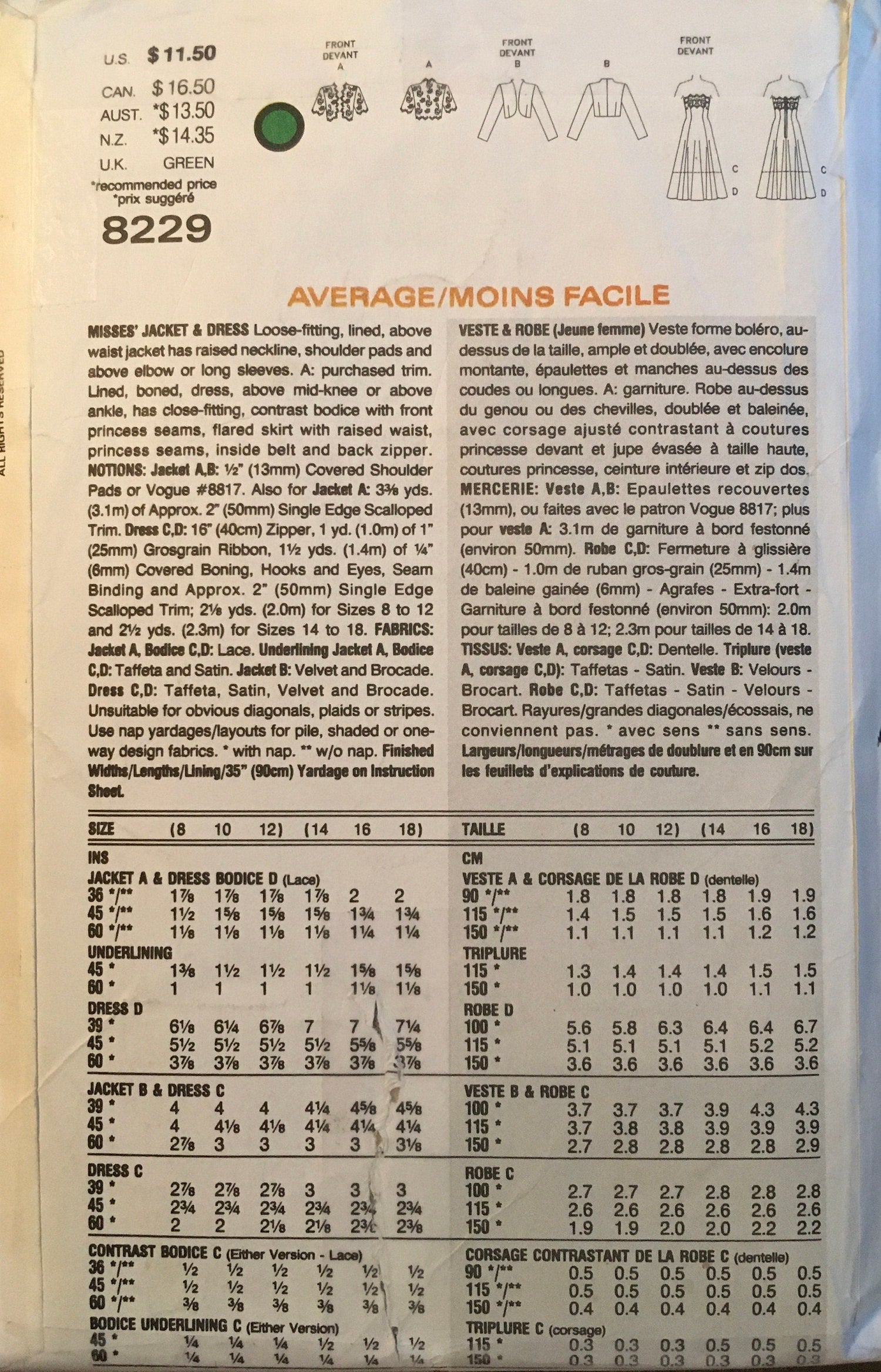 Vogue 8229 Sewing Pattern (Vintage) CUT