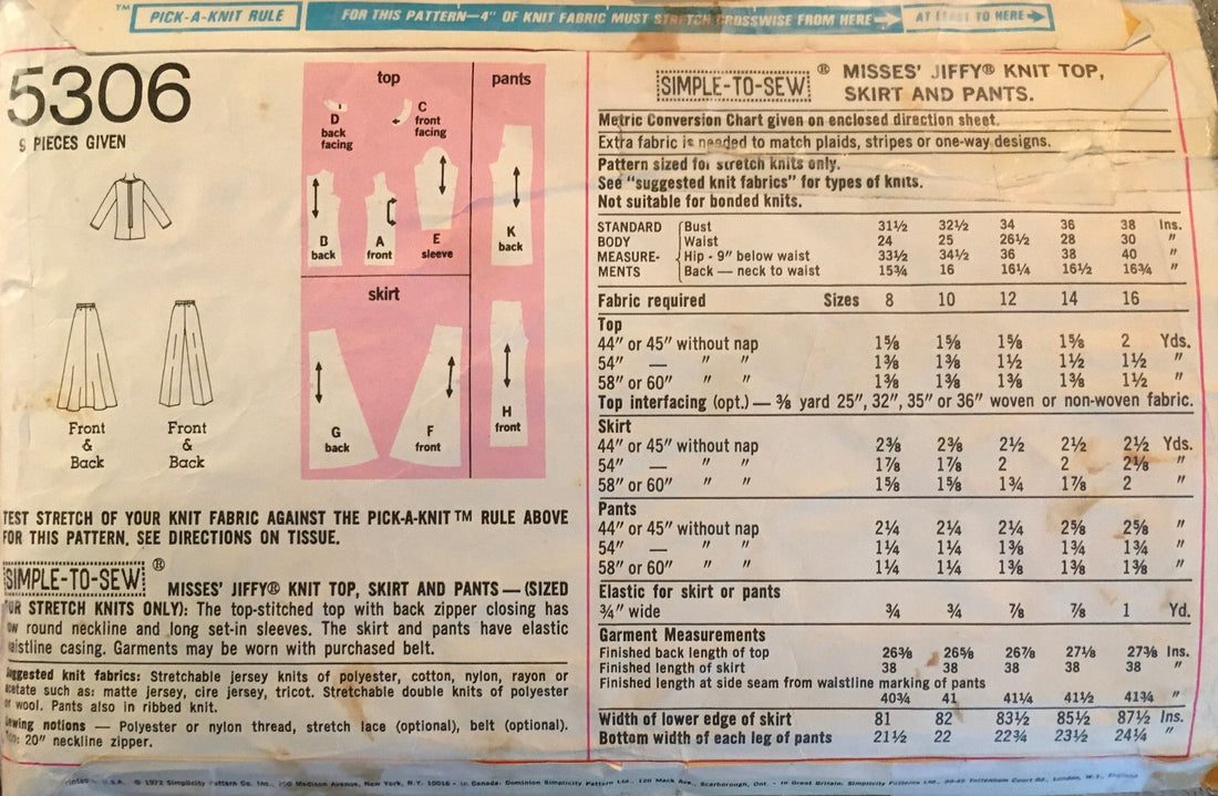 Simplicity 5306 Sewing Pattern (Vintage) CUT