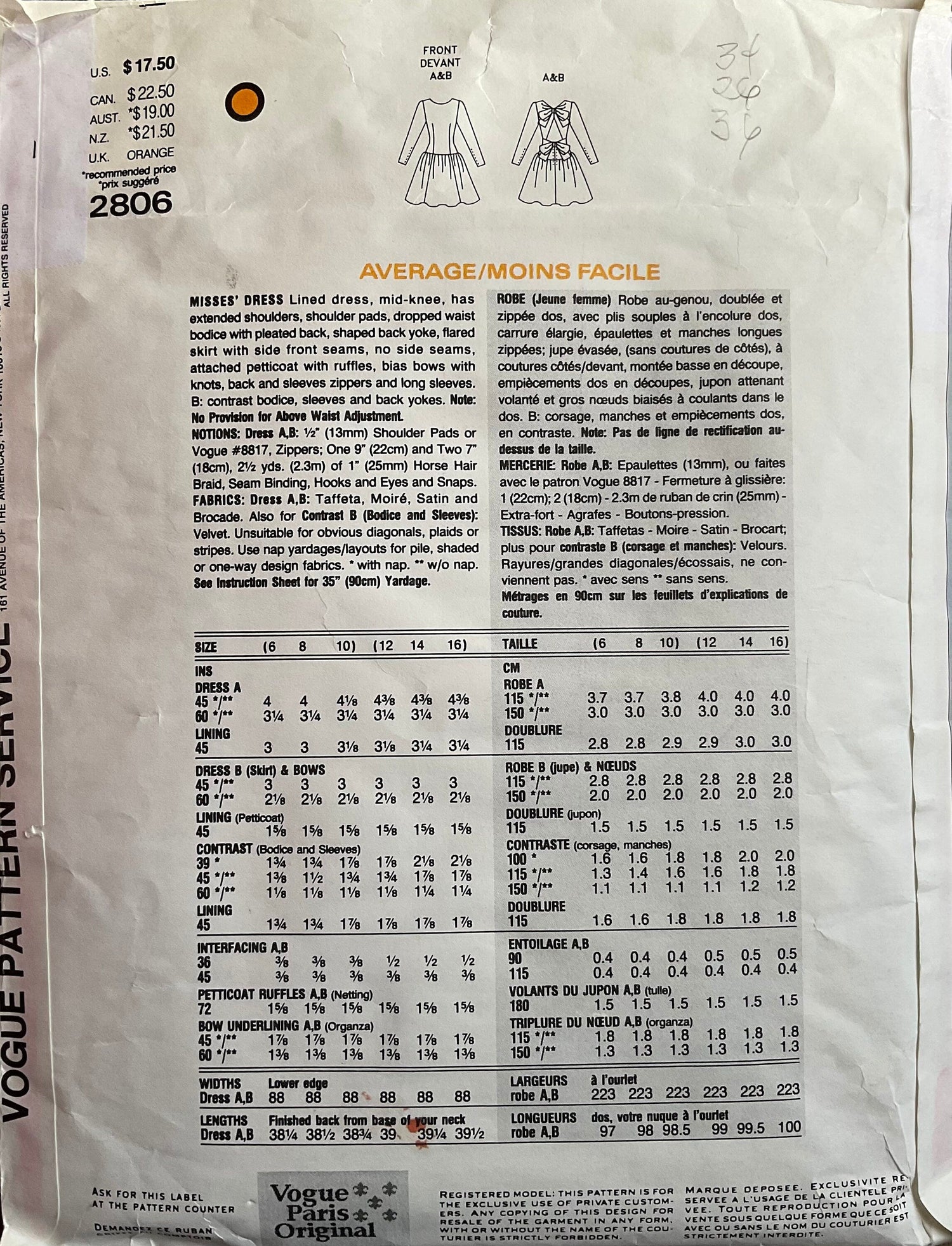 Vogue 2806 Sewing Pattern (Vintage) CUT
