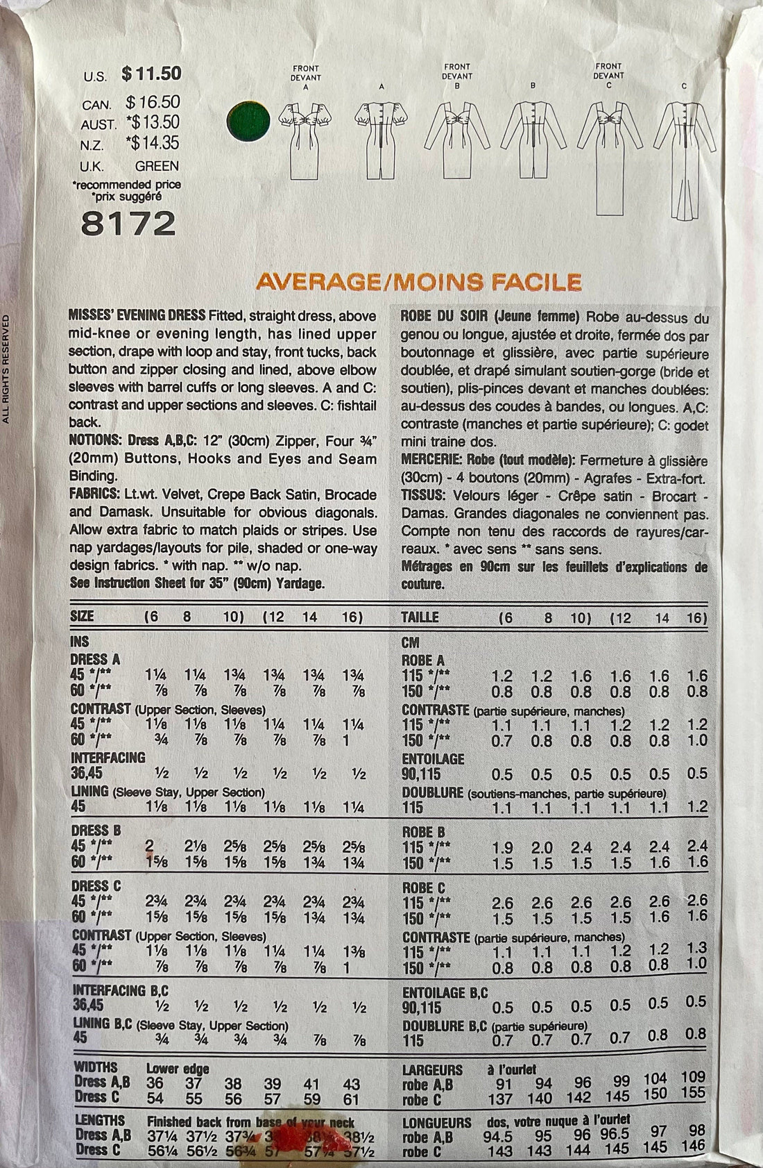 Vogue 8172 Sewing Pattern (Vintage) UNCUT