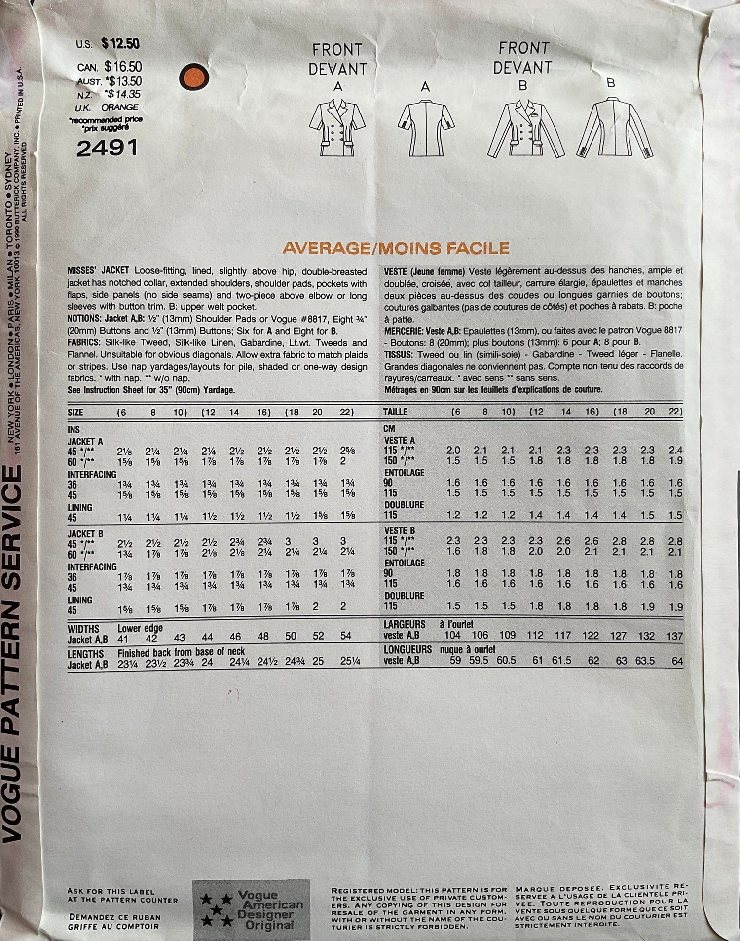 Vogue 2491 Sewing Pattern (Vintage) UNCUT
