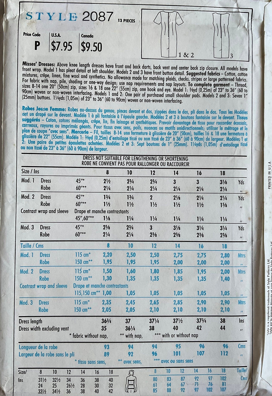 Style 2087 Sewing Pattern (Vintage) UNCUT