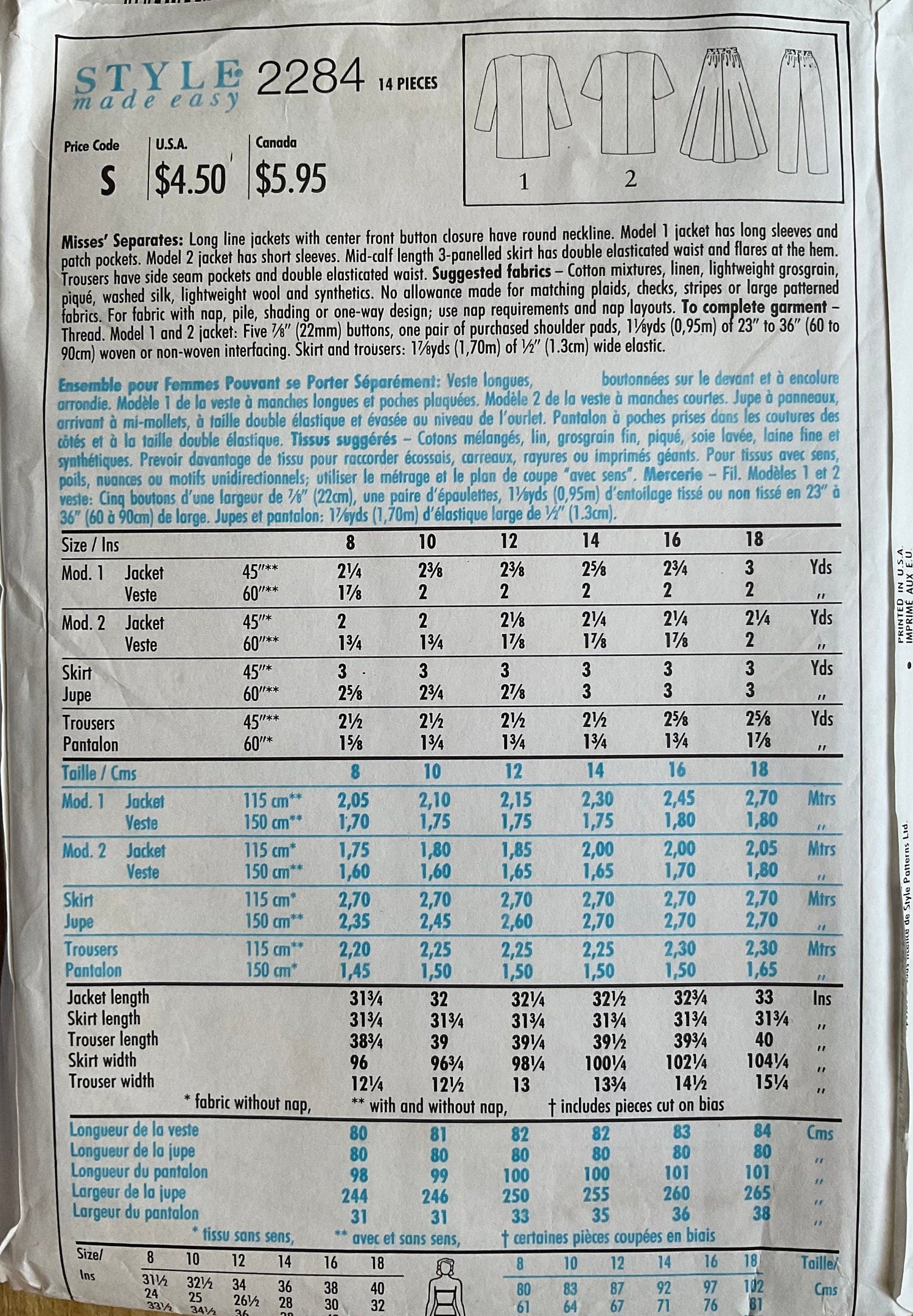 Style 2284 Sewing Pattern (Vintage) CUT