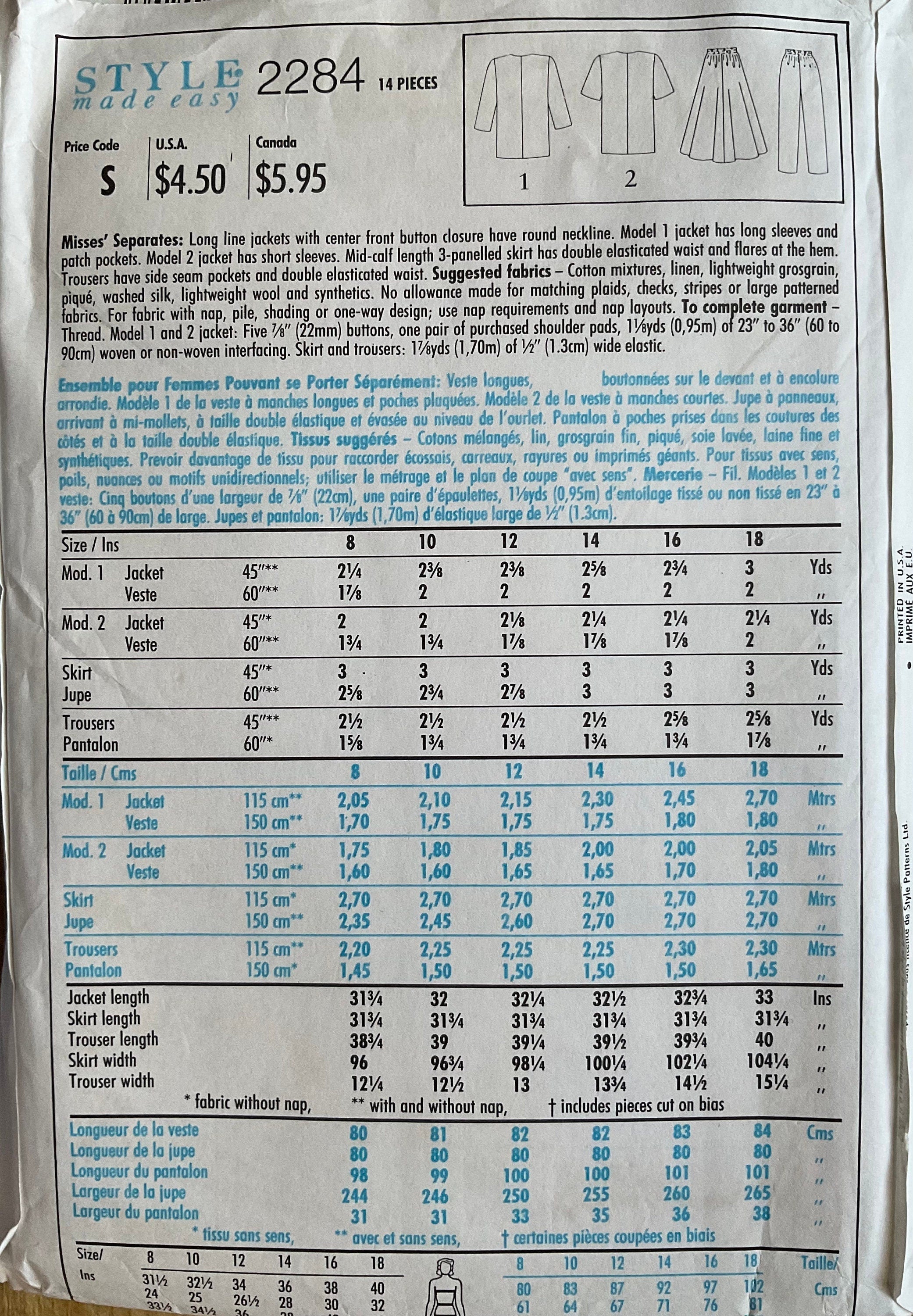 Style 2284 Sewing Pattern (Vintage) CUT