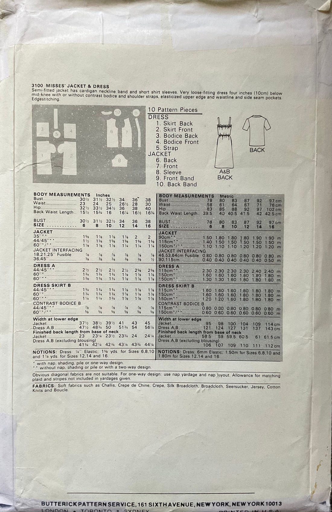 Butterick 3100 Sewing Pattern (Vintage) UNCUT