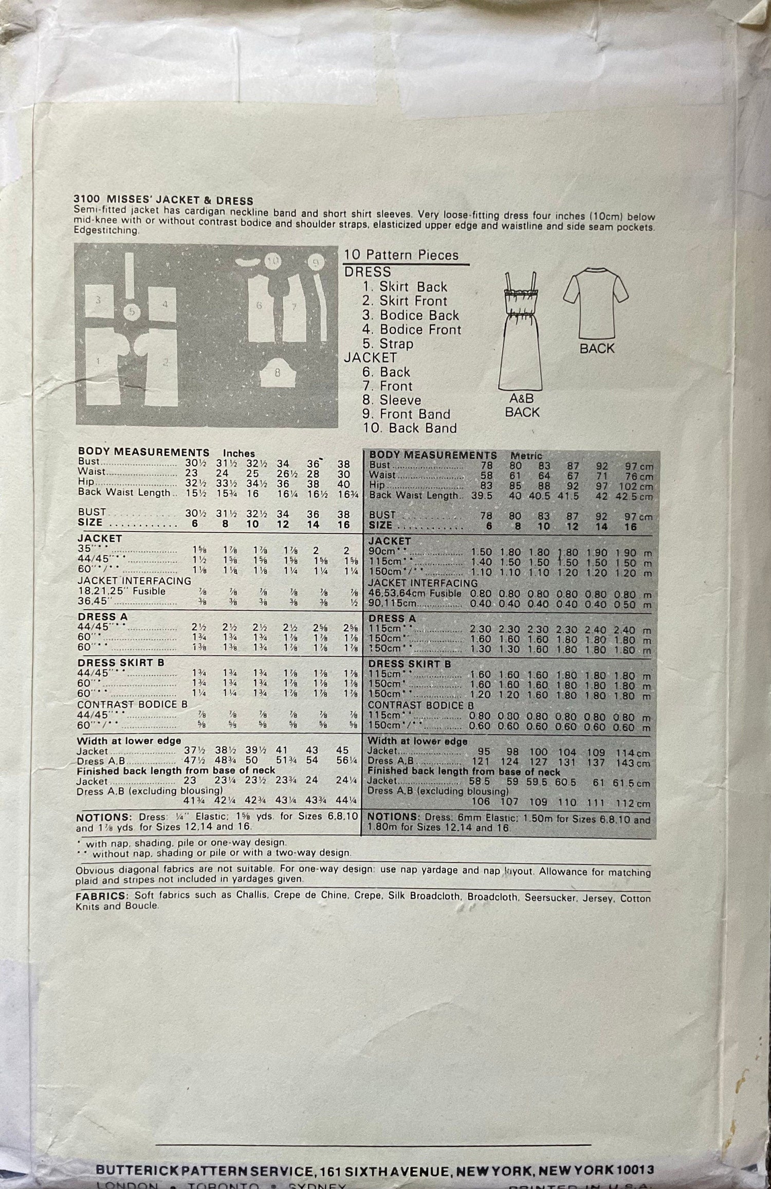 Butterick 3100 Sewing Pattern (Vintage) UNCUT