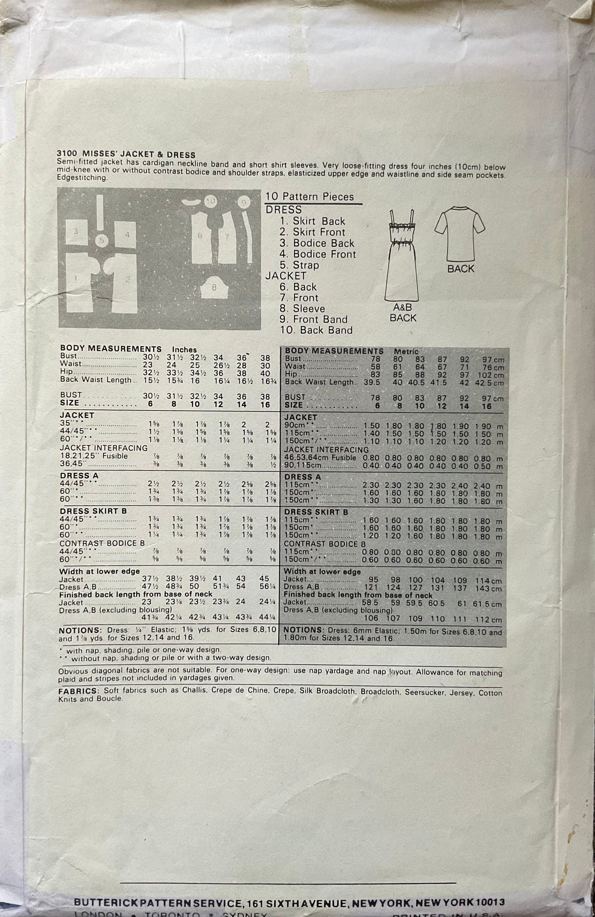 Butterick 3100 Sewing Pattern (Vintage) UNCUT