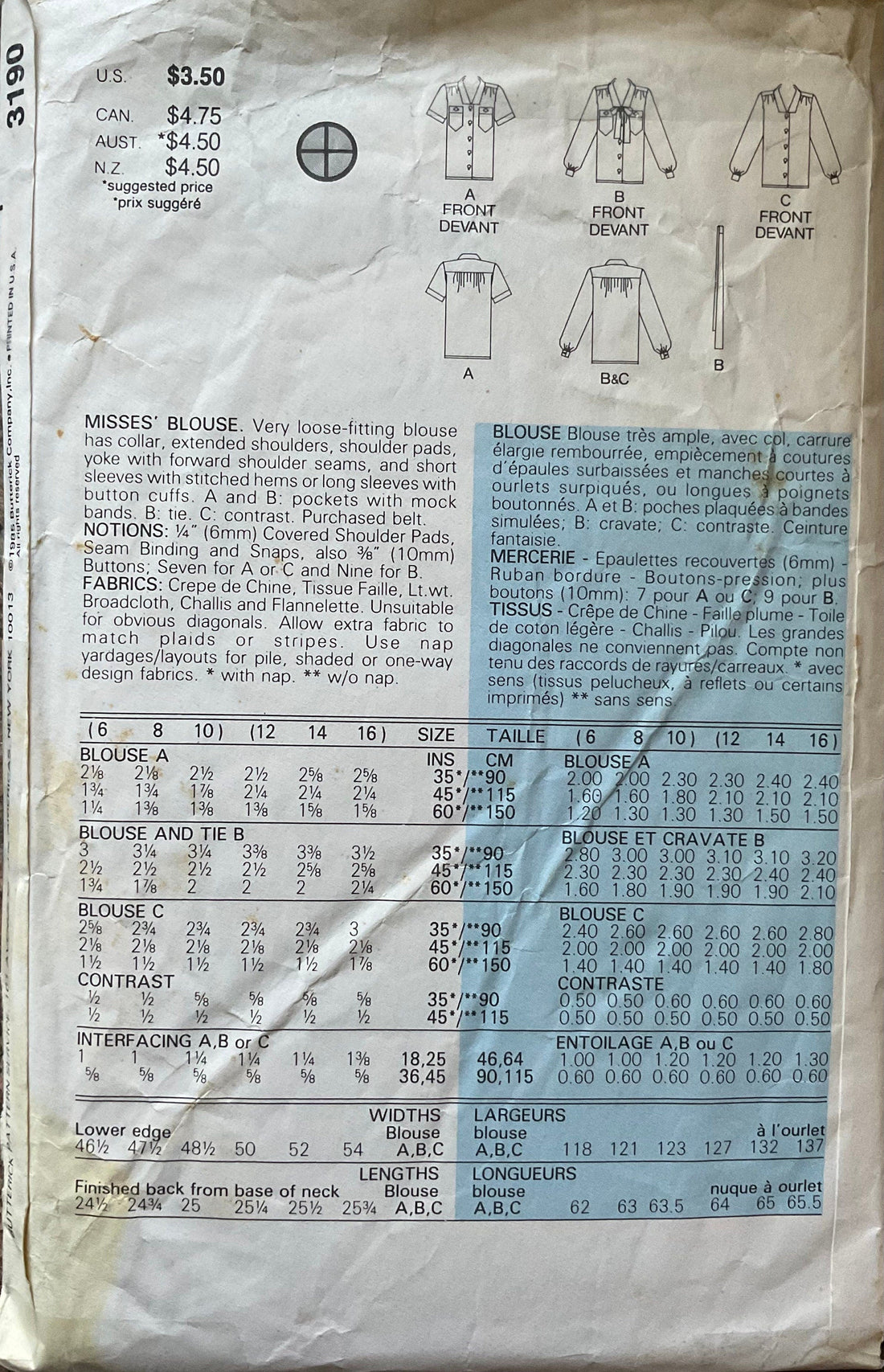 Butterick 3190 Sewing Pattern (Vintage) UNCUT/CUT