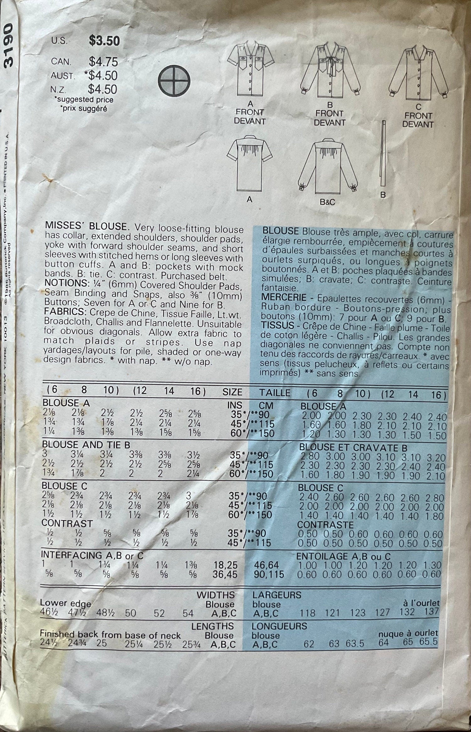 Butterick 3190 Sewing Pattern (Vintage) UNCUT/CUT