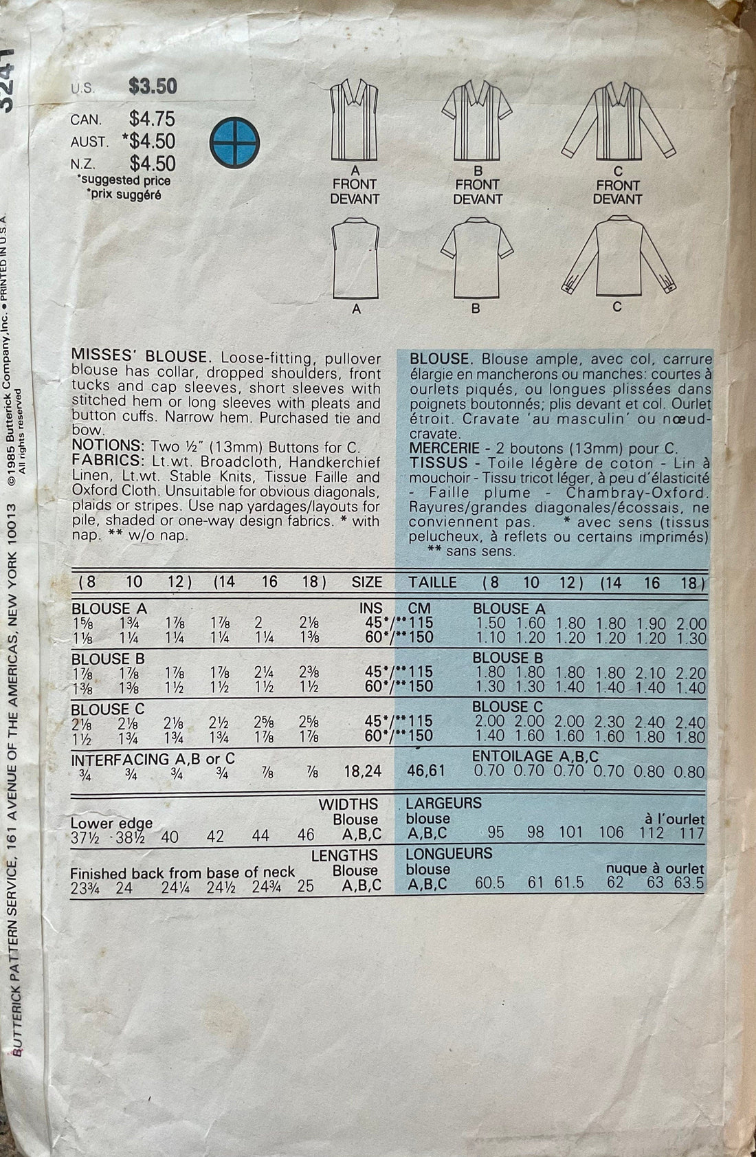 Butterick 3241 Sewing Pattern (Vintage) CUT