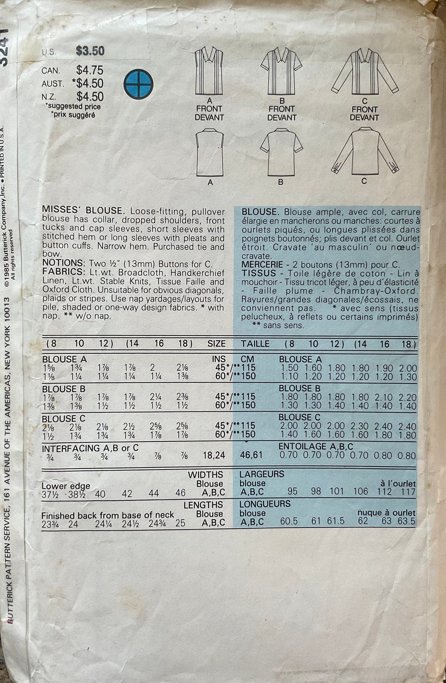 Butterick 3241 Sewing Pattern (Vintage) CUT
