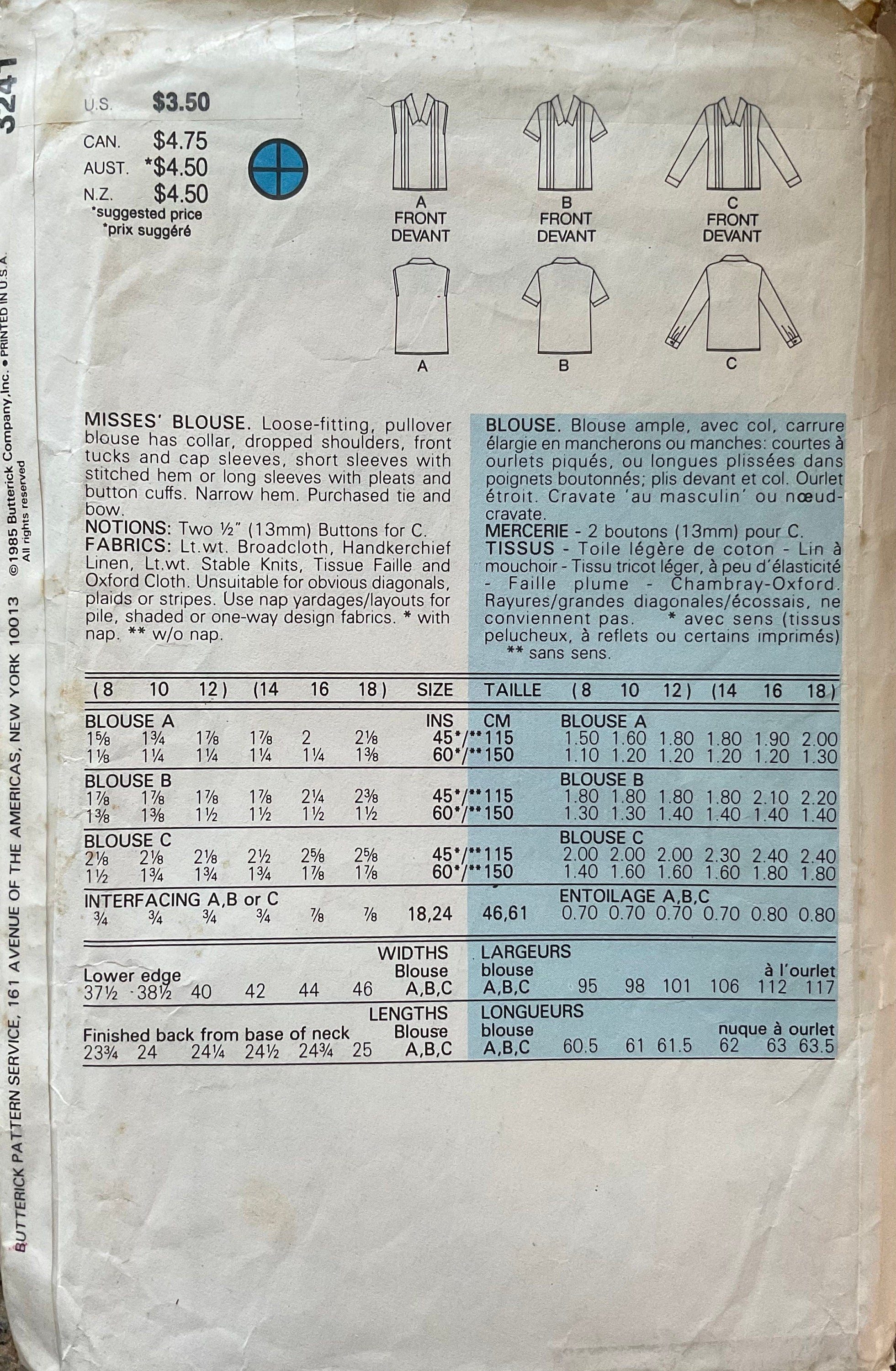 Butterick 3241 Sewing Pattern (Vintage) CUT