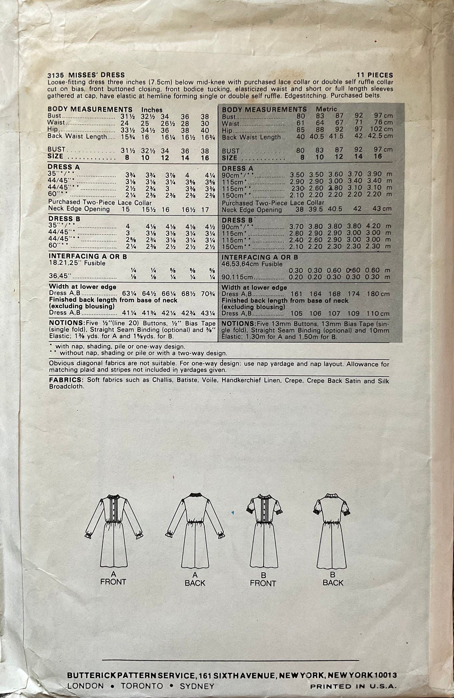 Butterick 3135 Sewing Pattern (Vintage) UNCUT