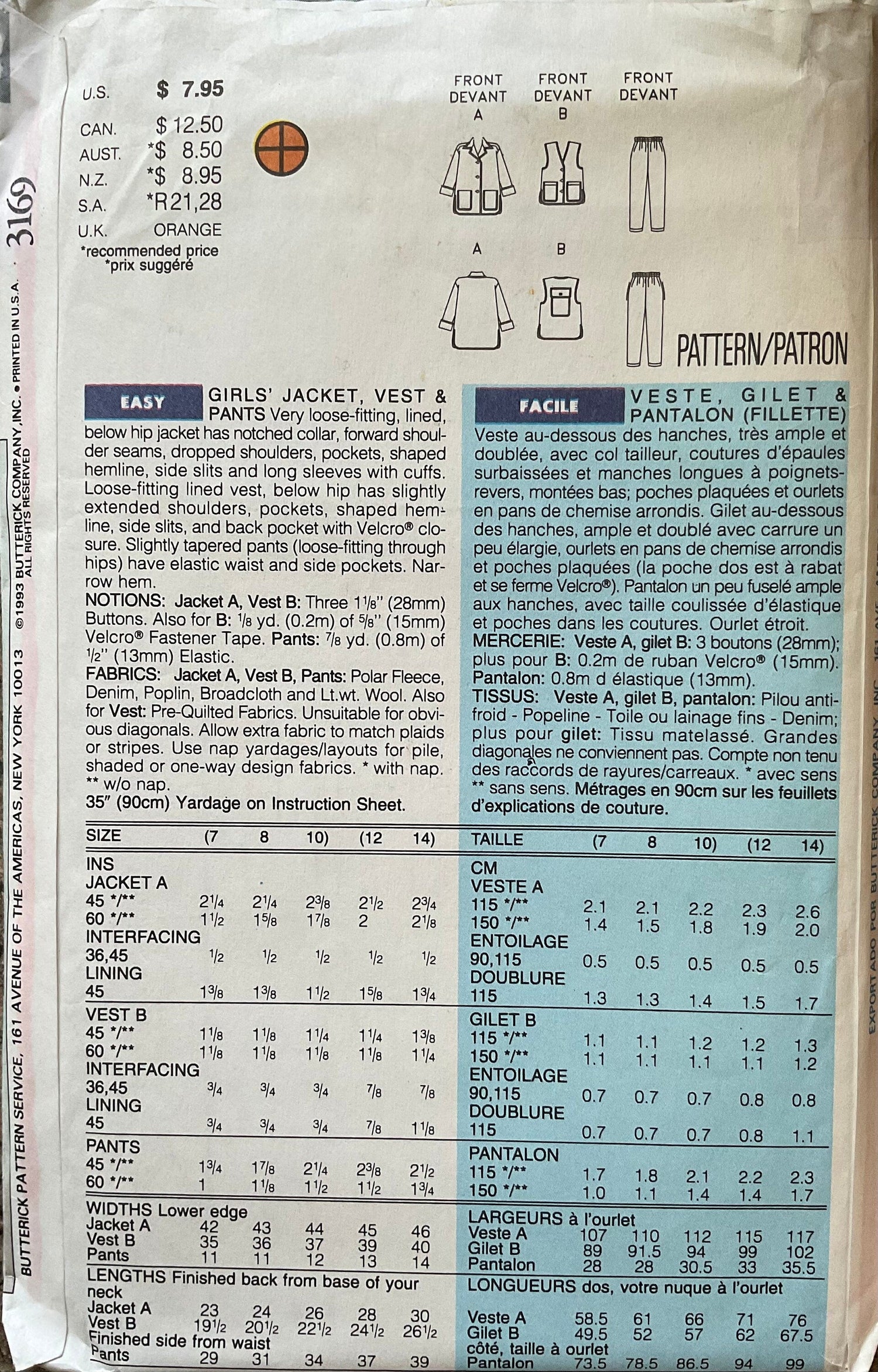 Butterick 3169 Sewing Pattern (Vintage) UNCUT