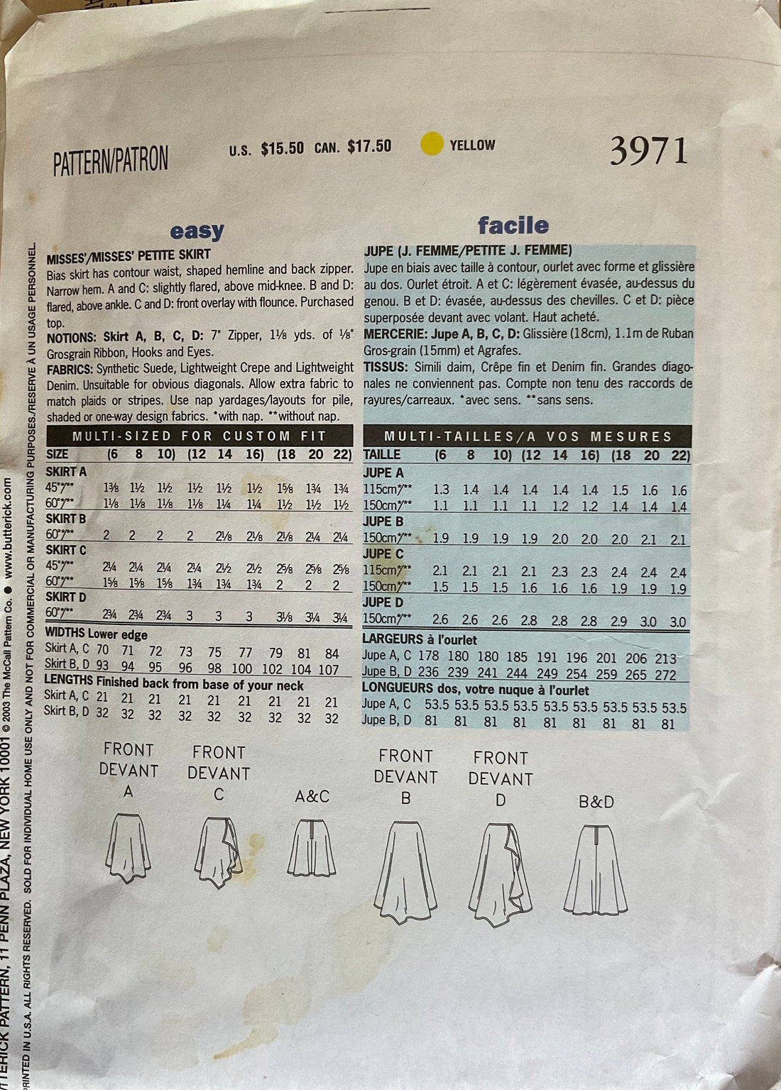 Butterick 3971 Sewing Pattern (Vintage) UNCUT