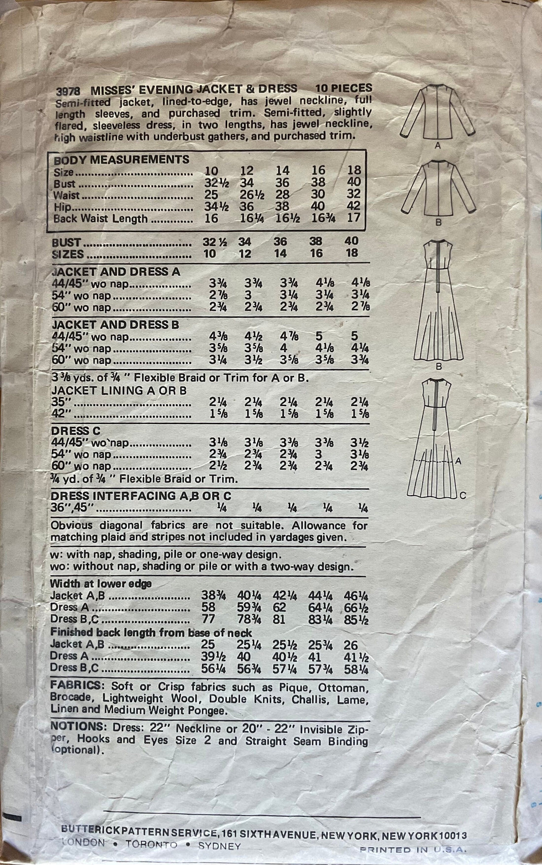 Butterick 3978 Sewing Pattern (Vintage) CUT