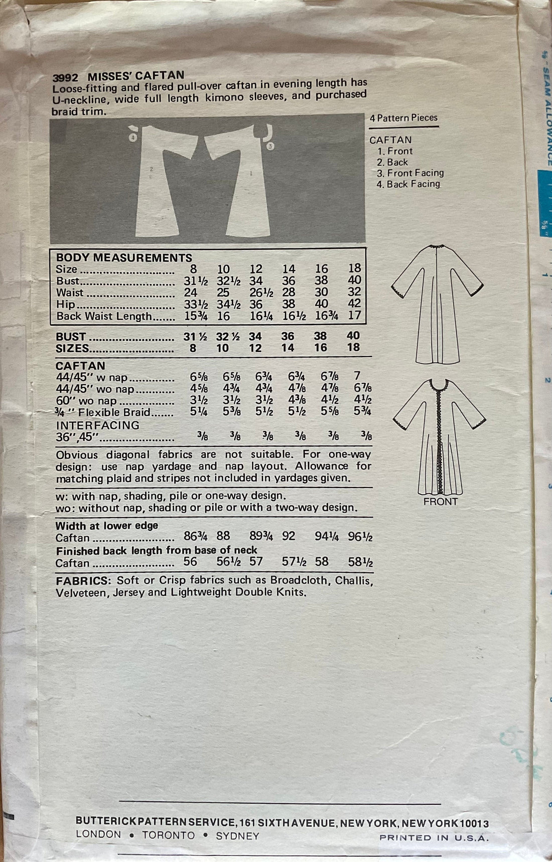 Butterick 3992 Sewing Pattern (Vintage) UNCUT
