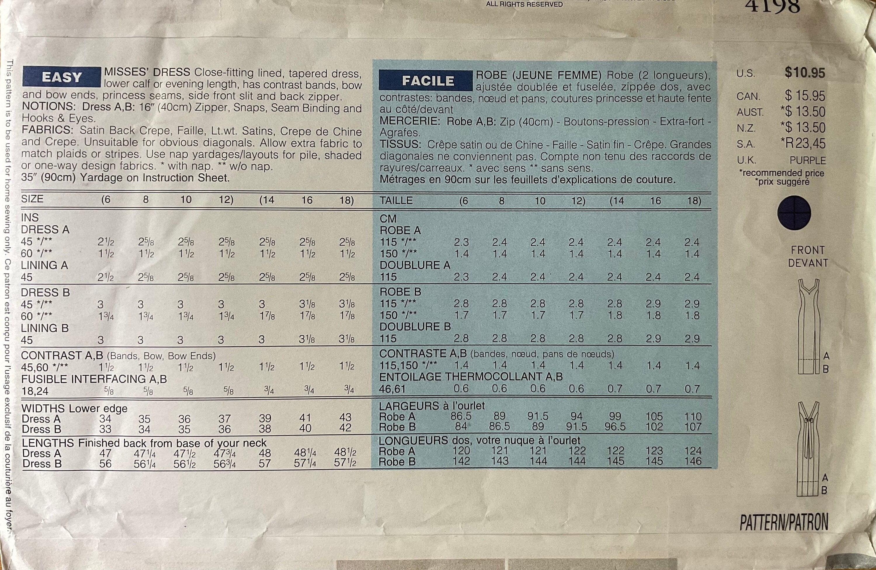 Butterick 4198 Sewing Pattern (Vintage) UNCUT