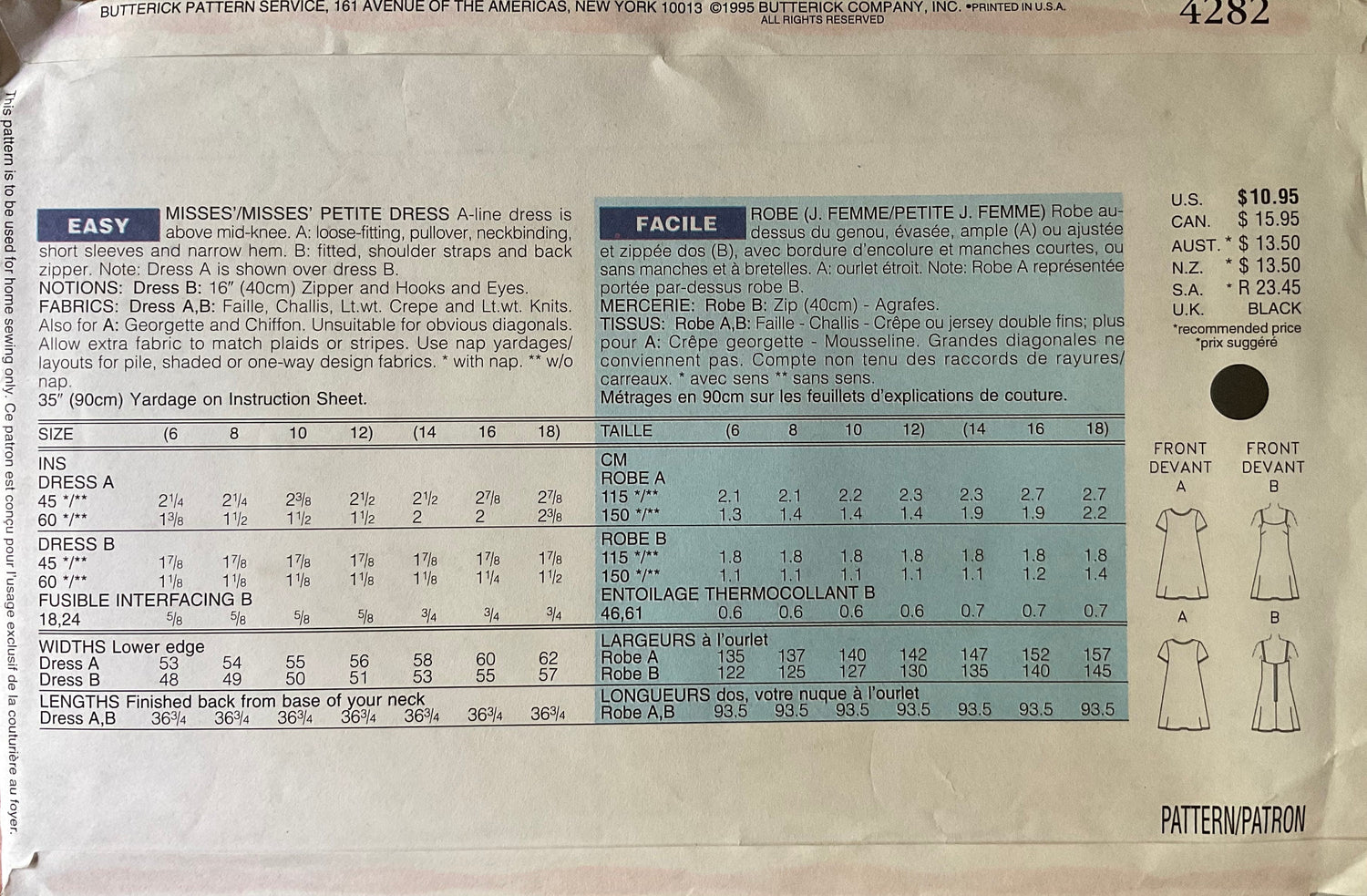 Butterick 4282 Sewing Pattern (Vintage) CUT