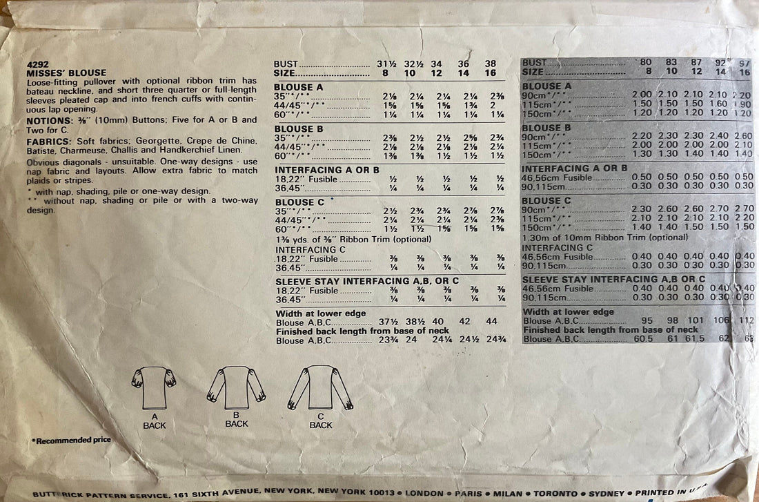 Butterick 4292 Sewing Pattern (Vintage) CUT