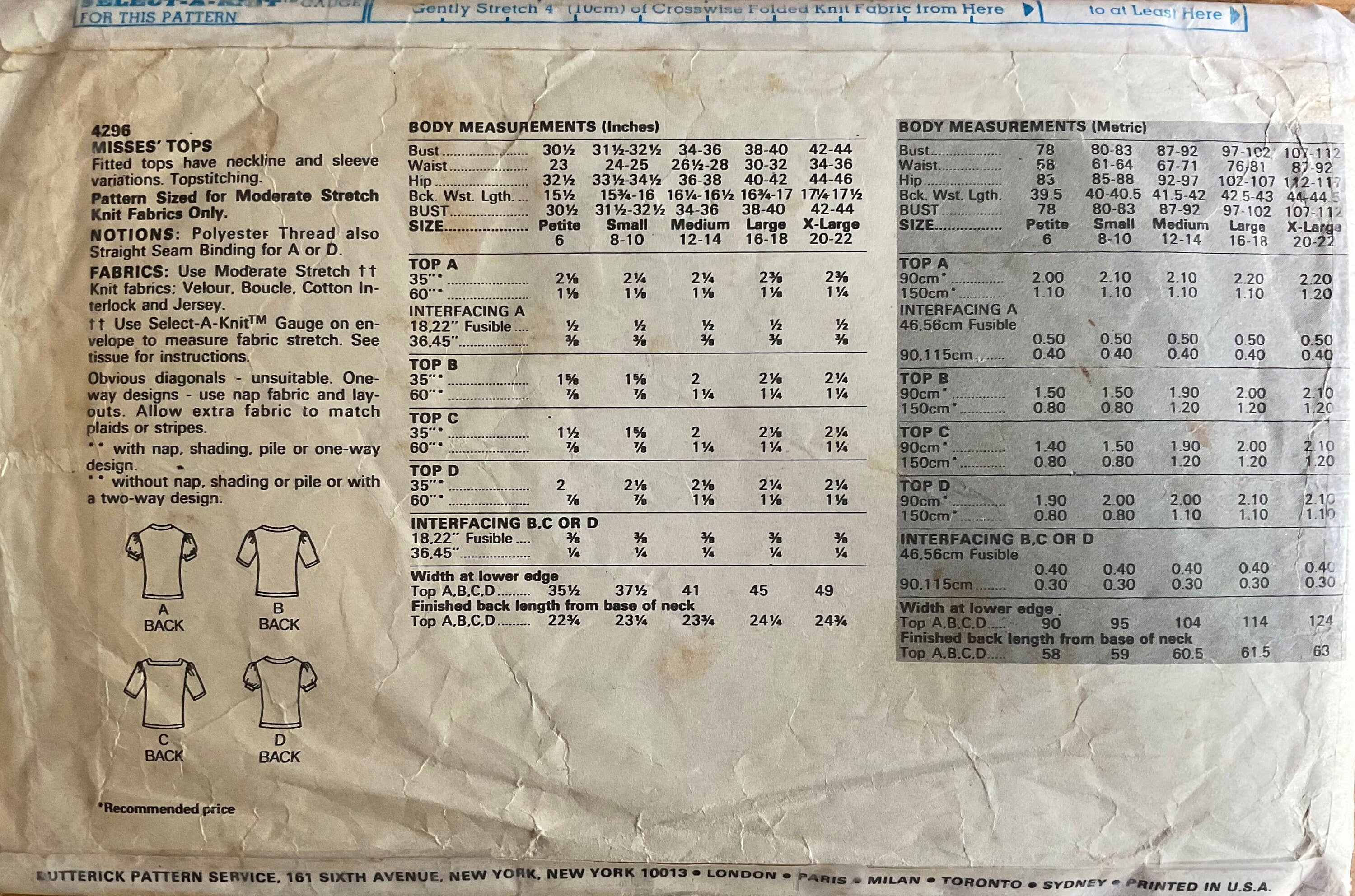 Butterick 4296 Sewing Pattern (Vintage) CUT
