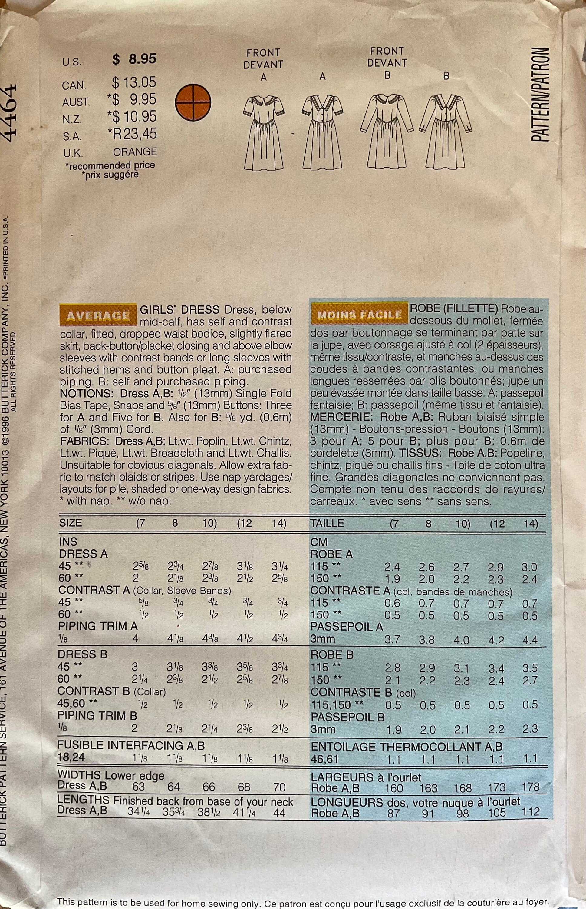 Butterick 4464 Sewing Pattern (Vintage) UNCUT