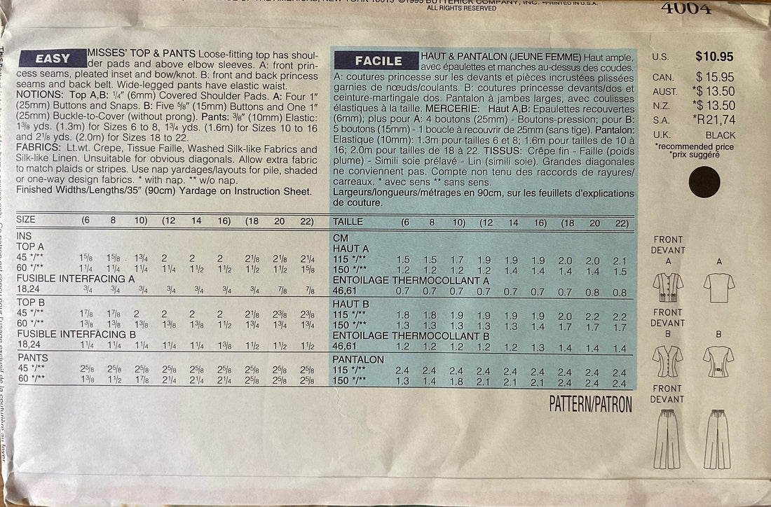 Butterick 4004 Sewing Pattern (Vintage) UNCUT/CUT