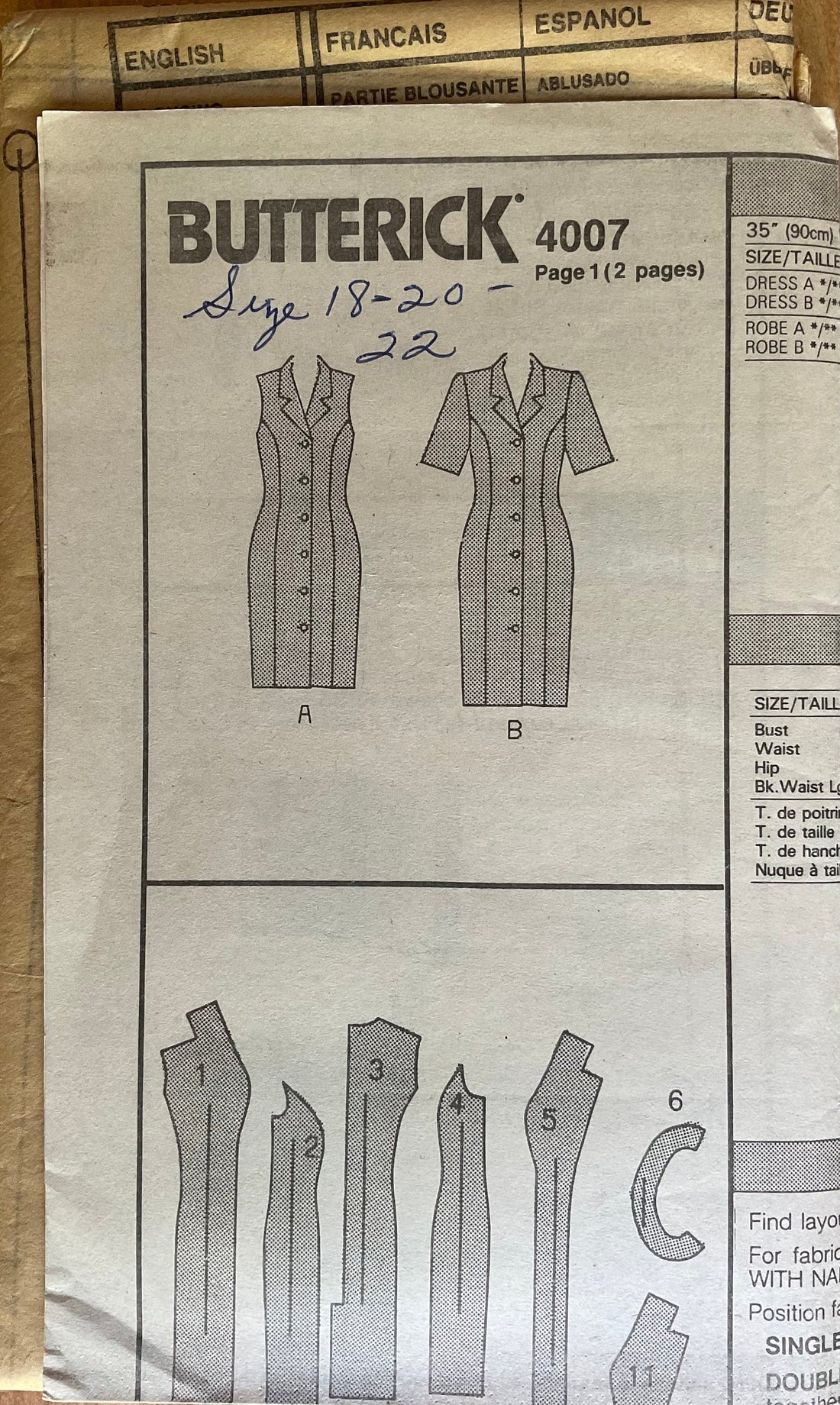 Butterick 4007 Sewing Pattern (Vintage) UNCUT
