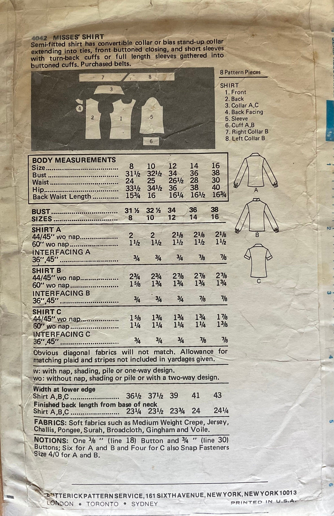 Butterick 4042 Sewing Pattern (Vintage) CUT