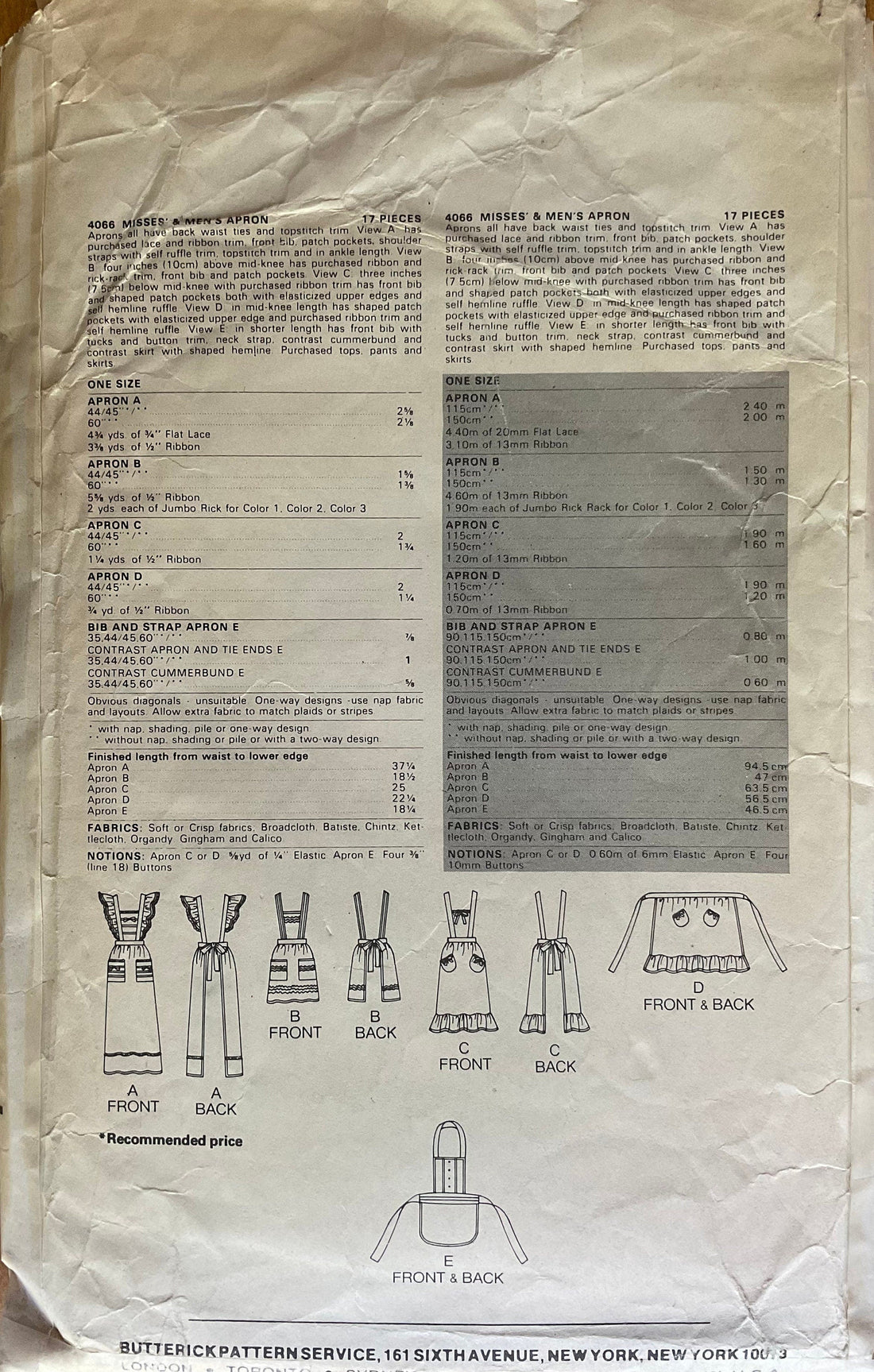 Butterick 4066 Sewing Pattern (Vintage) CUT