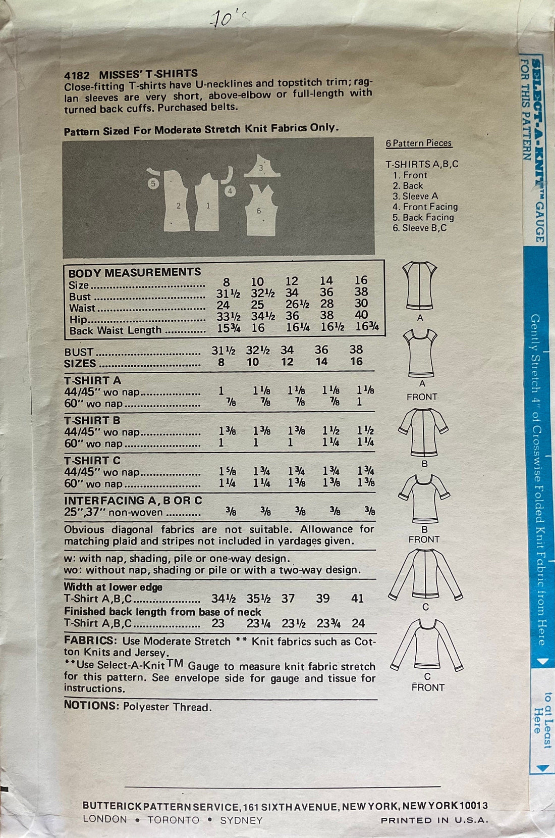 Butterick 4182 Sewing Pattern (Vintage) UNCUT