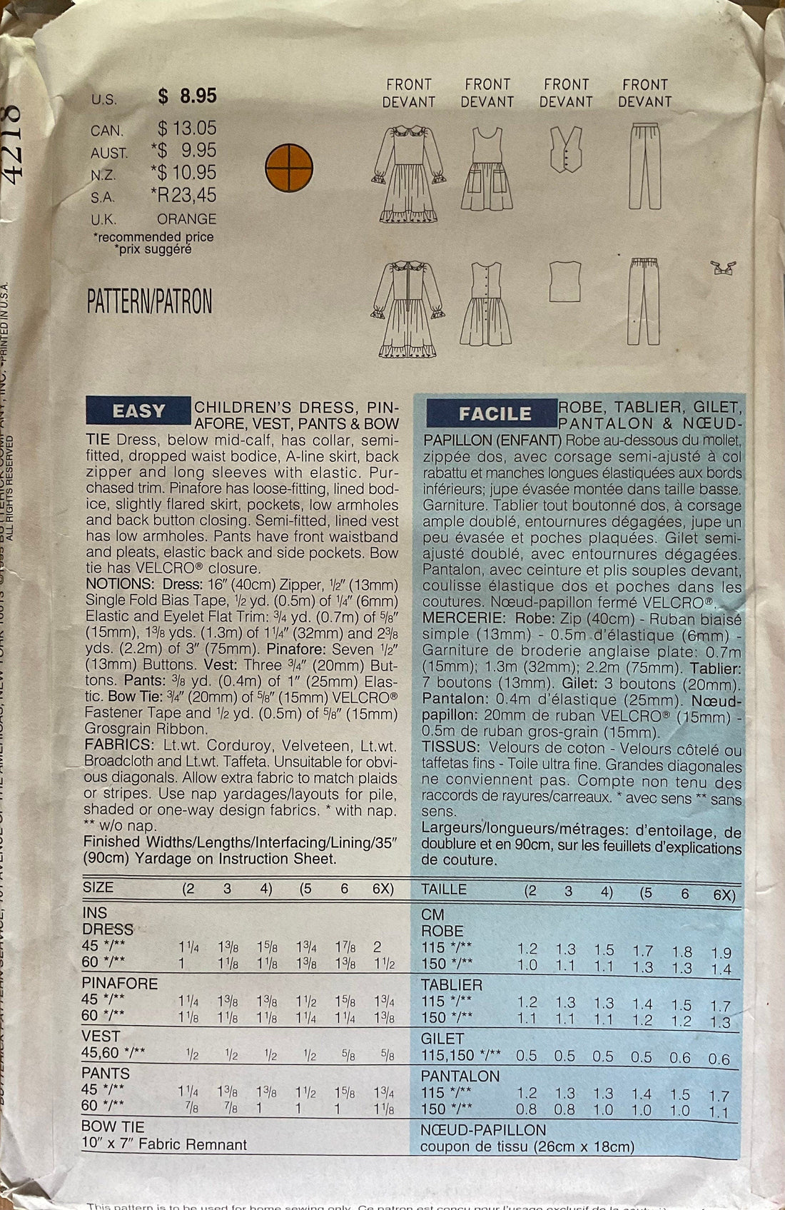 Butterick 4218 Sewing Pattern (Vintage) UNCUT