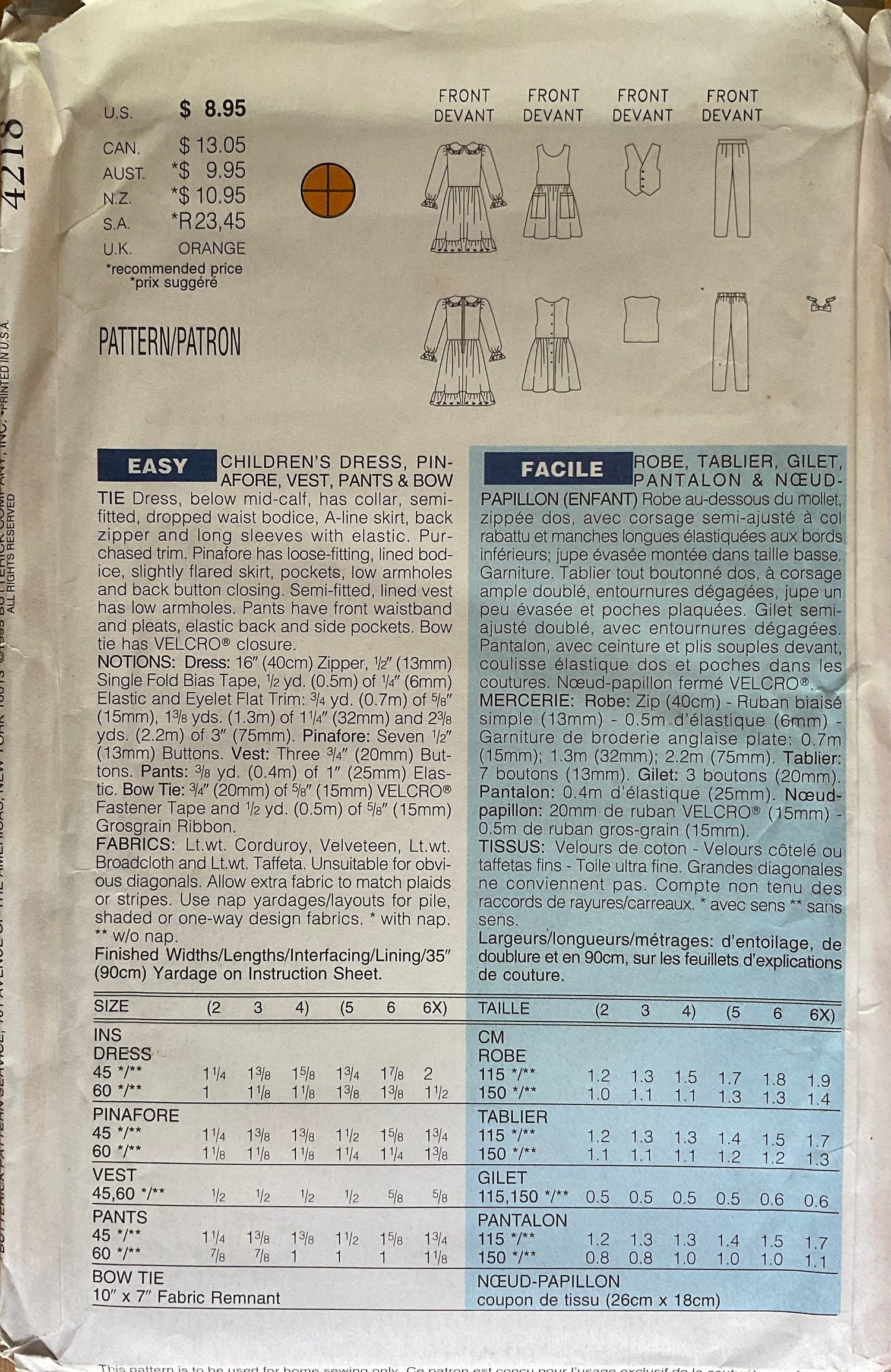 Butterick 4218 Sewing Pattern (Vintage) UNCUT