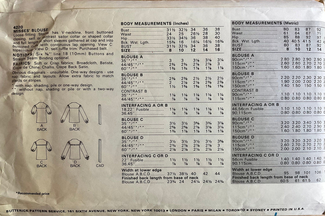 Butterick 4220 Sewing Pattern (Vintage) CUT
