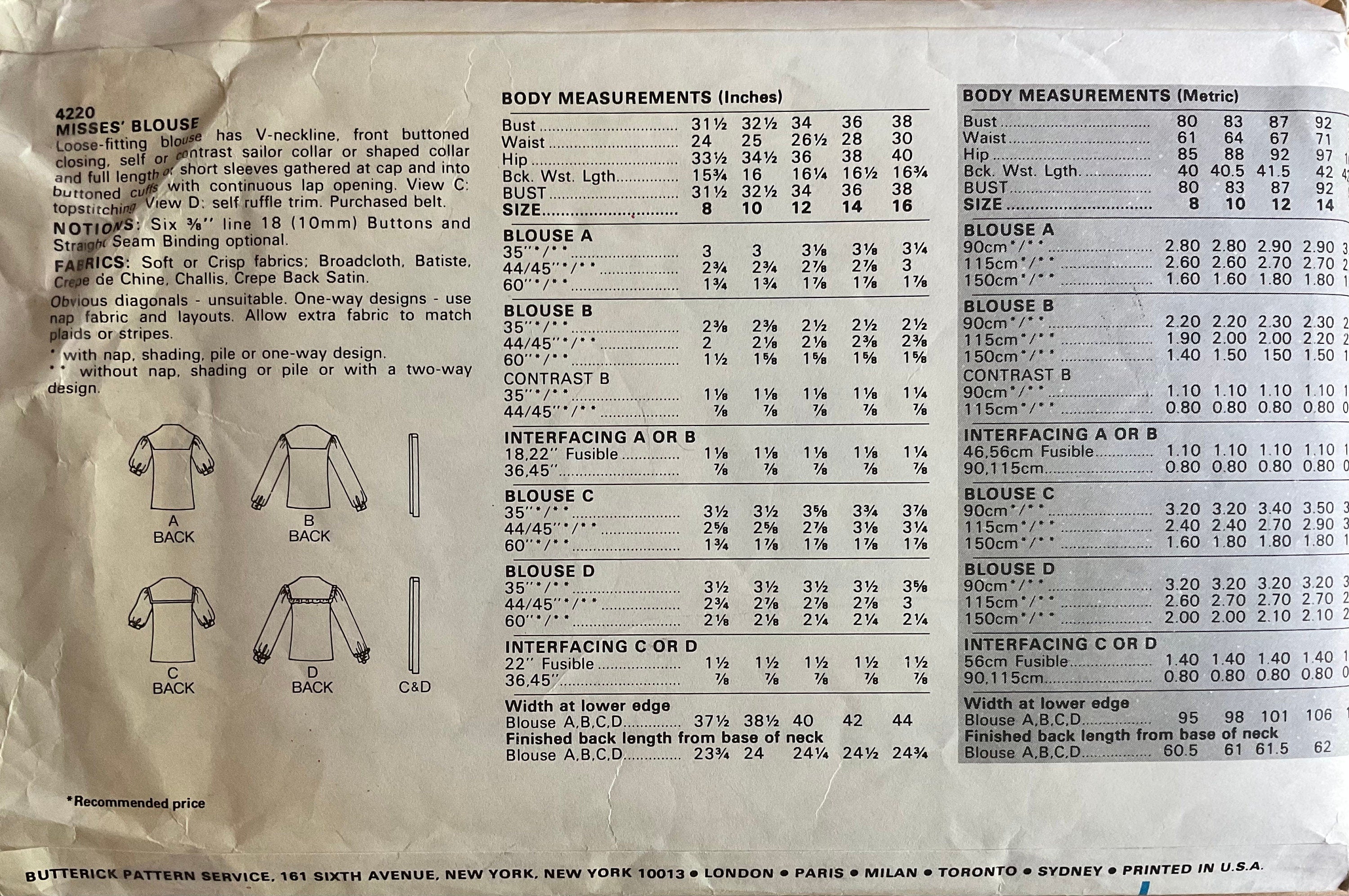 Butterick 4220 Sewing Pattern (Vintage) CUT