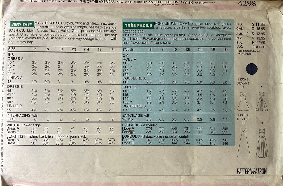 Butterick 4298 Sewing Pattern (Vintage) UNCUT