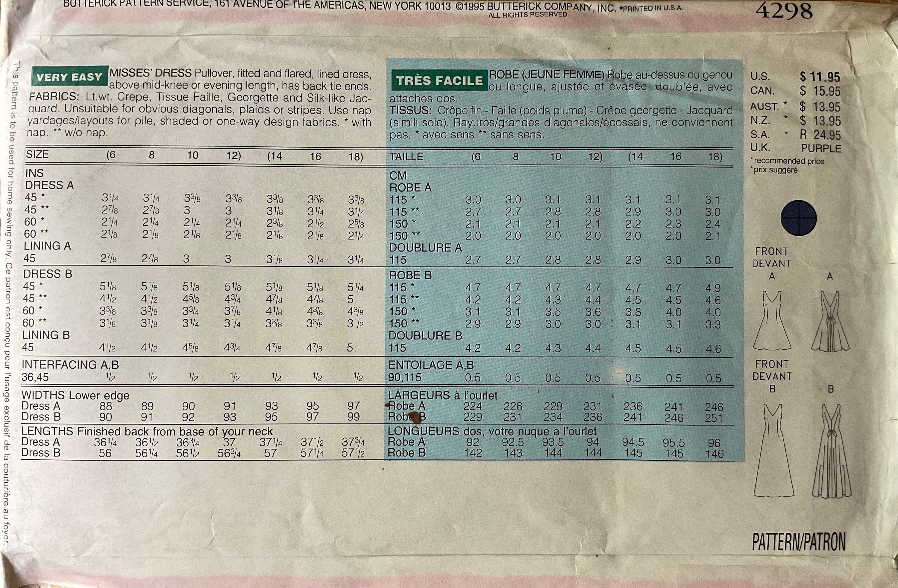 Butterick 4298 Sewing Pattern (Vintage) UNCUT