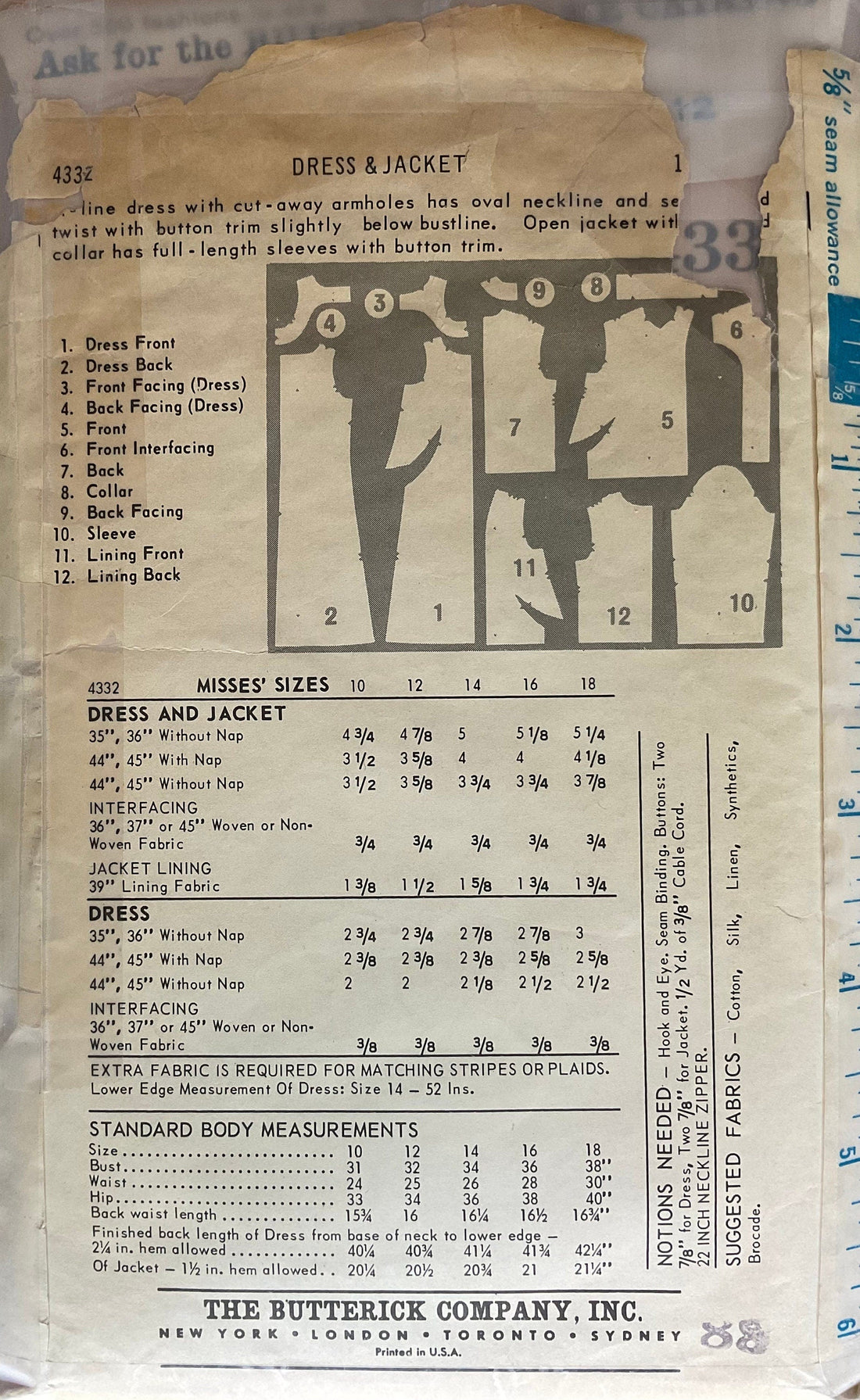 Butterick 4332 Sewing Pattern (Vintage) CUT