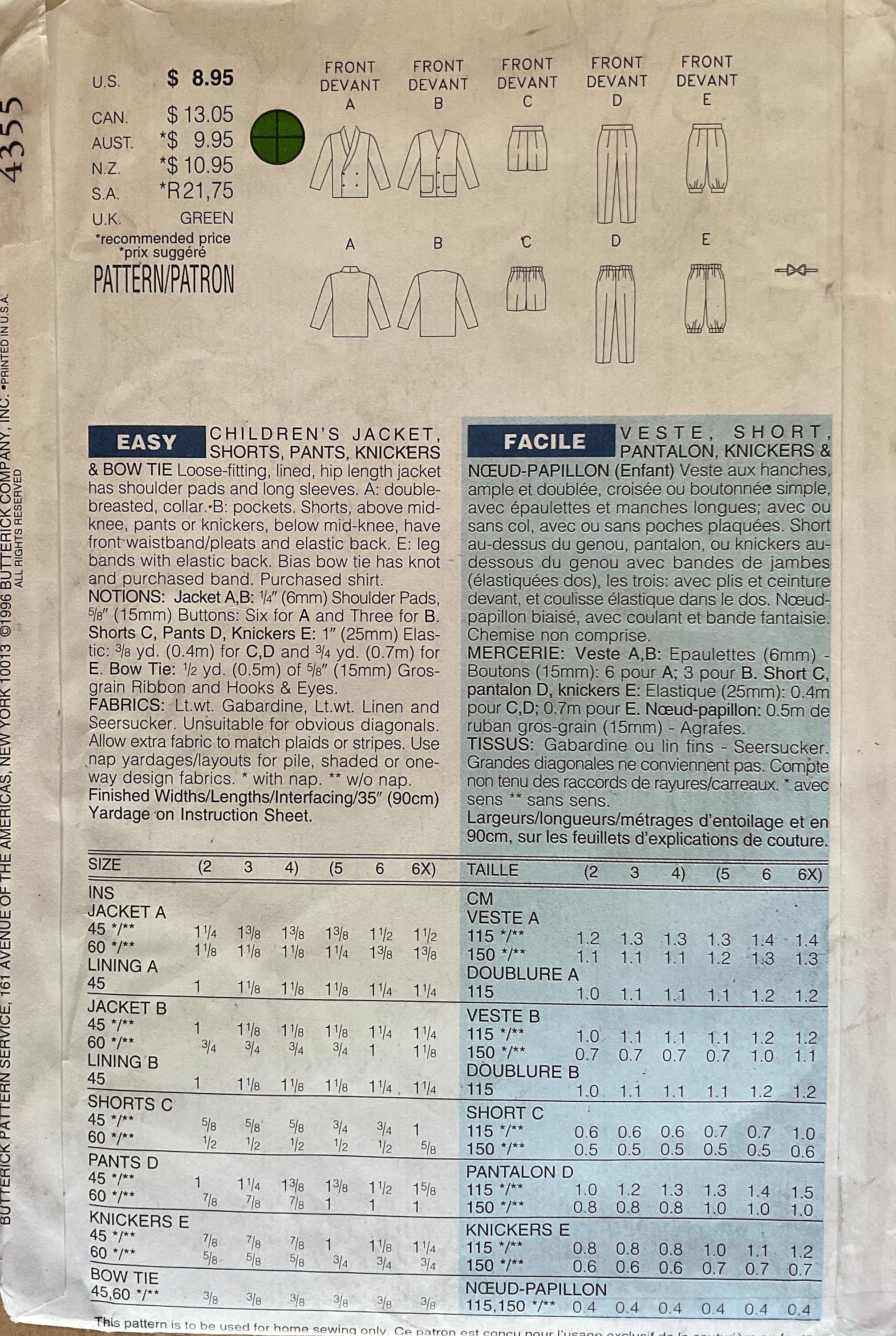 Butterick 4355 Sewing Pattern (Vintage) UNCUT/CUT