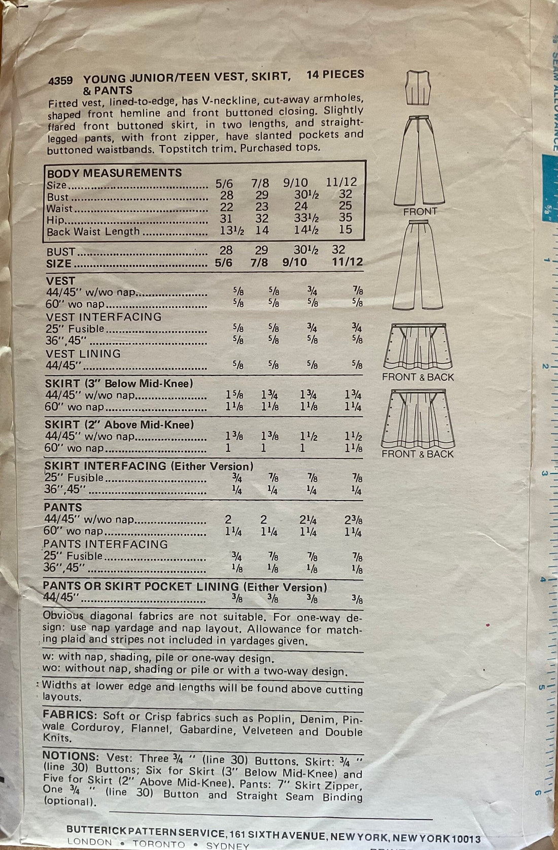 Butterick 4359 Sewing Pattern (Vintage) CUT
