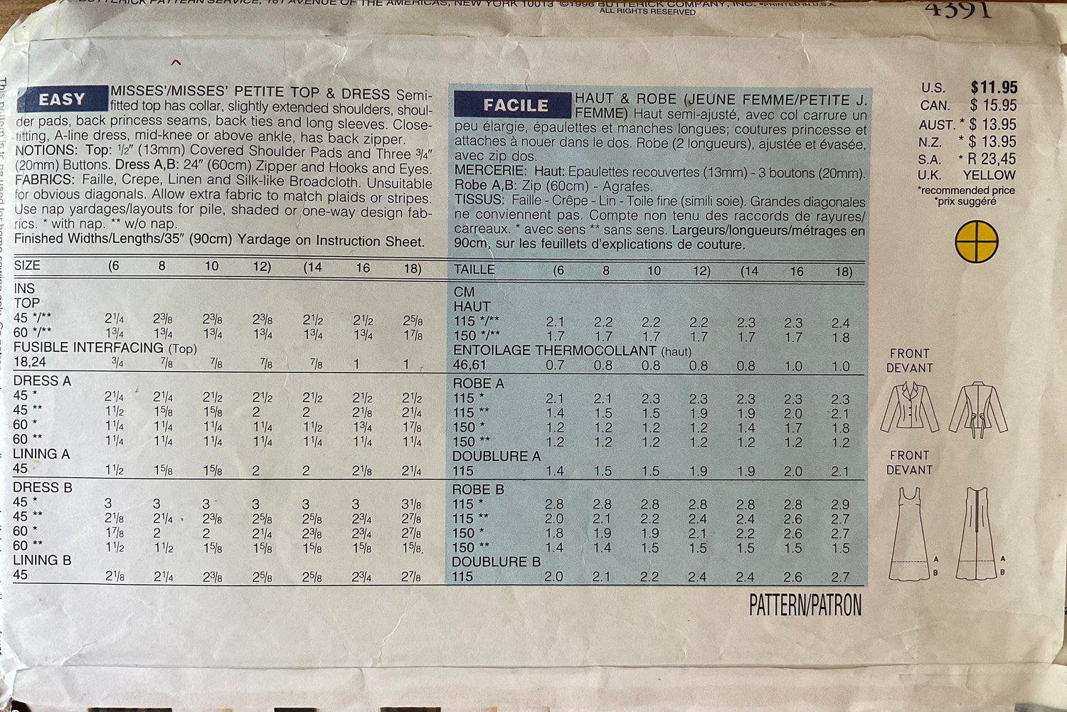 Butterick 4391 Sewing Pattern (Vintage) CUT