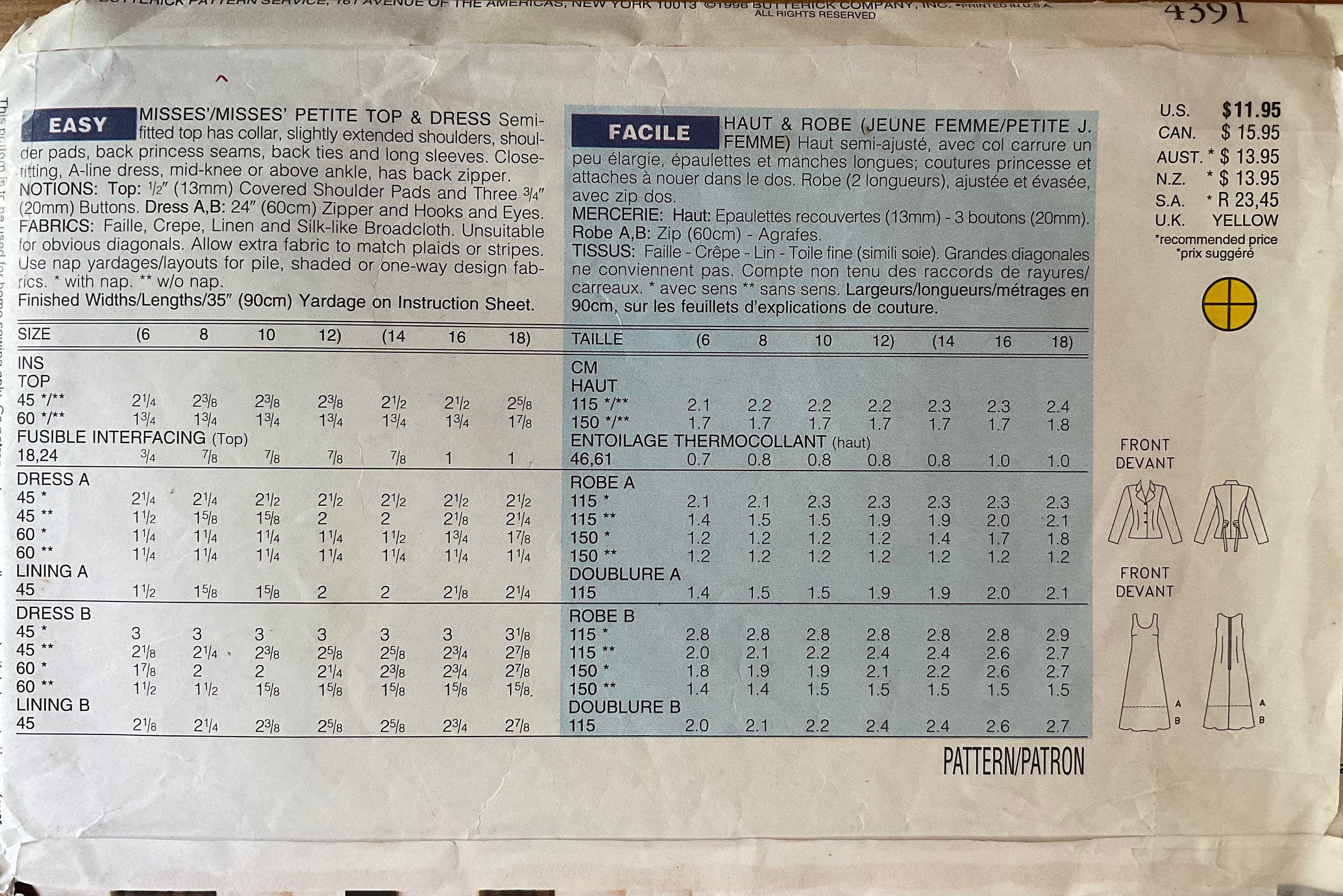 Butterick 4391 Sewing Pattern (Vintage) CUT