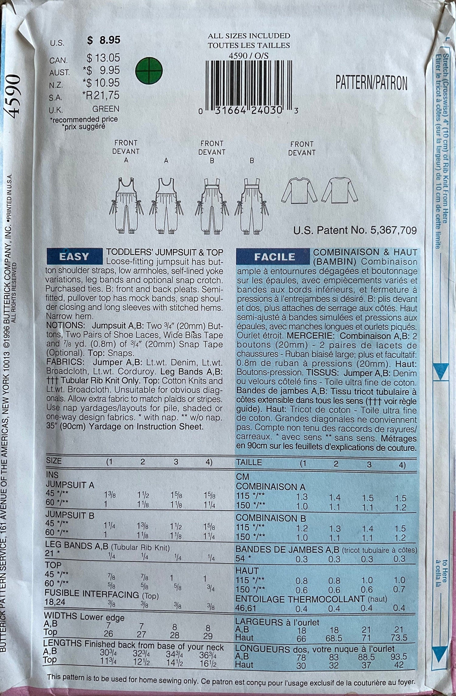 Butterick 4590 Sewing Pattern (Vintage) UNCUT