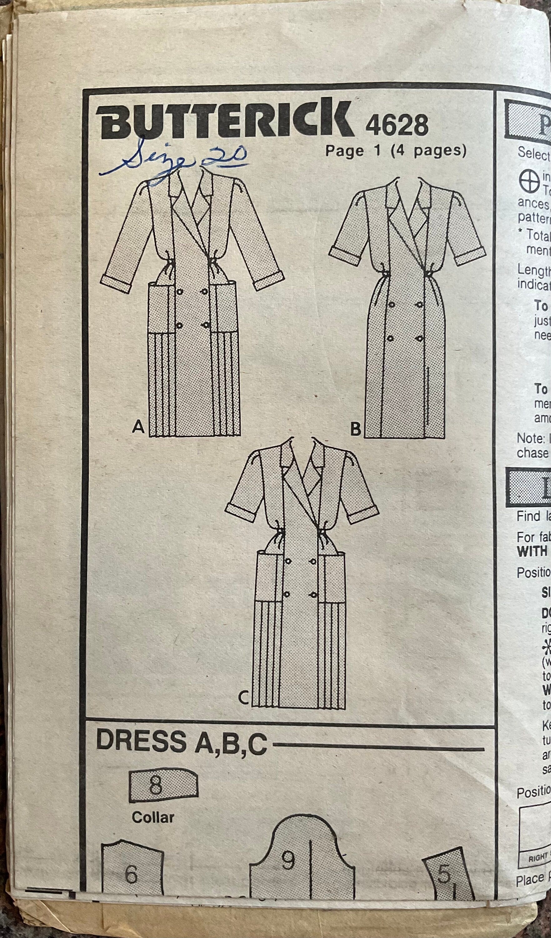Butterick 4628 Sewing Pattern (Vintage) UNCUT