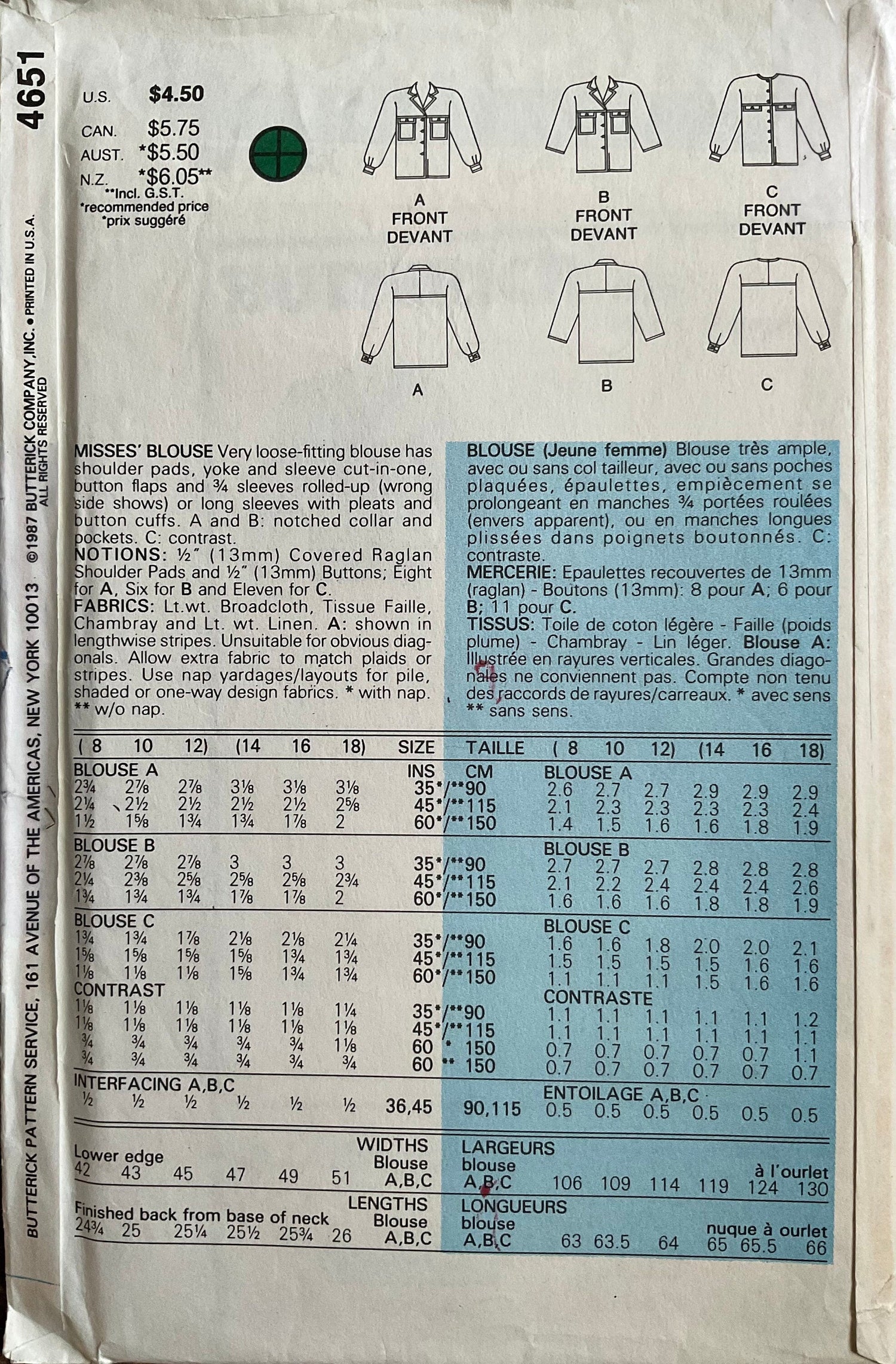 Butterick 4651 Sewing Pattern (Vintage) CUT